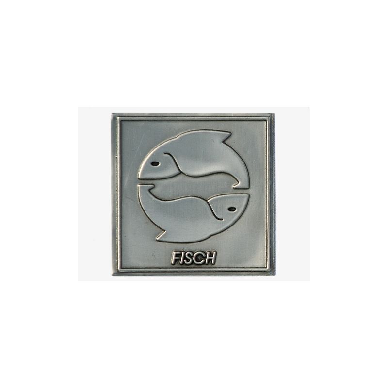 Tin label 'Fish', square, metal, silver