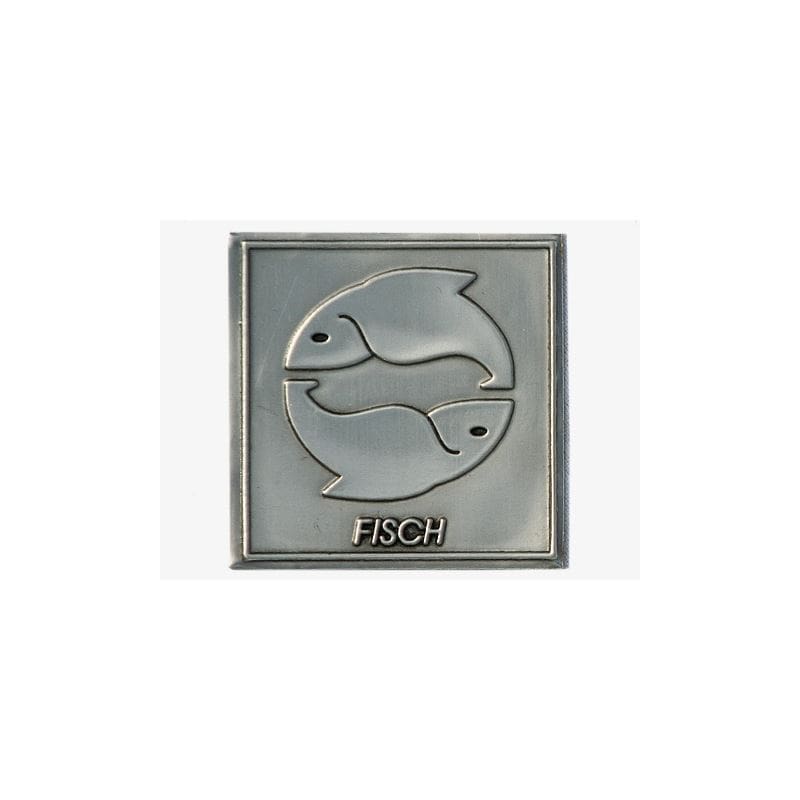 Tin label ‘Fish’, square, metal, silver