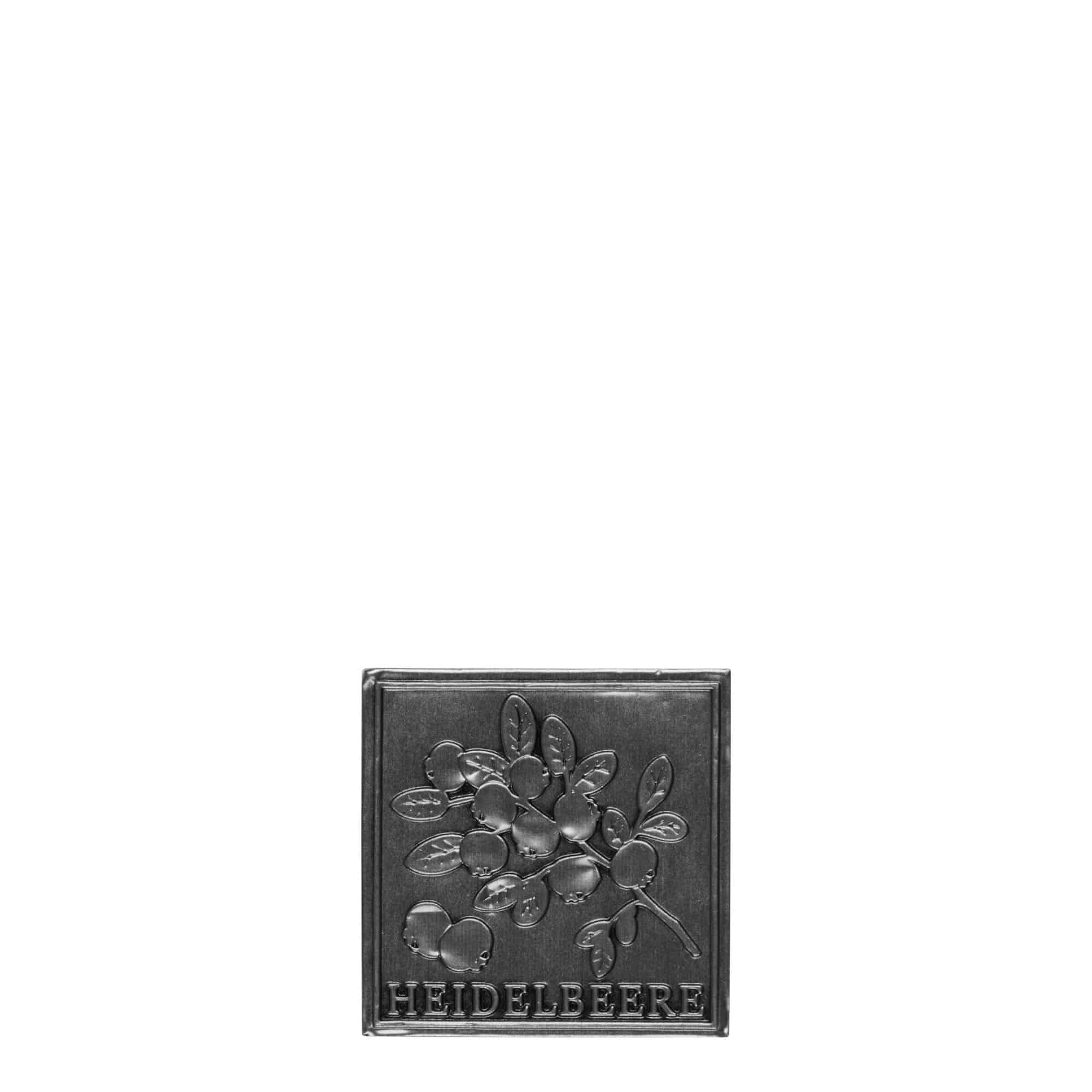 Tin label ‘Blueberry’, square, metal, silver
