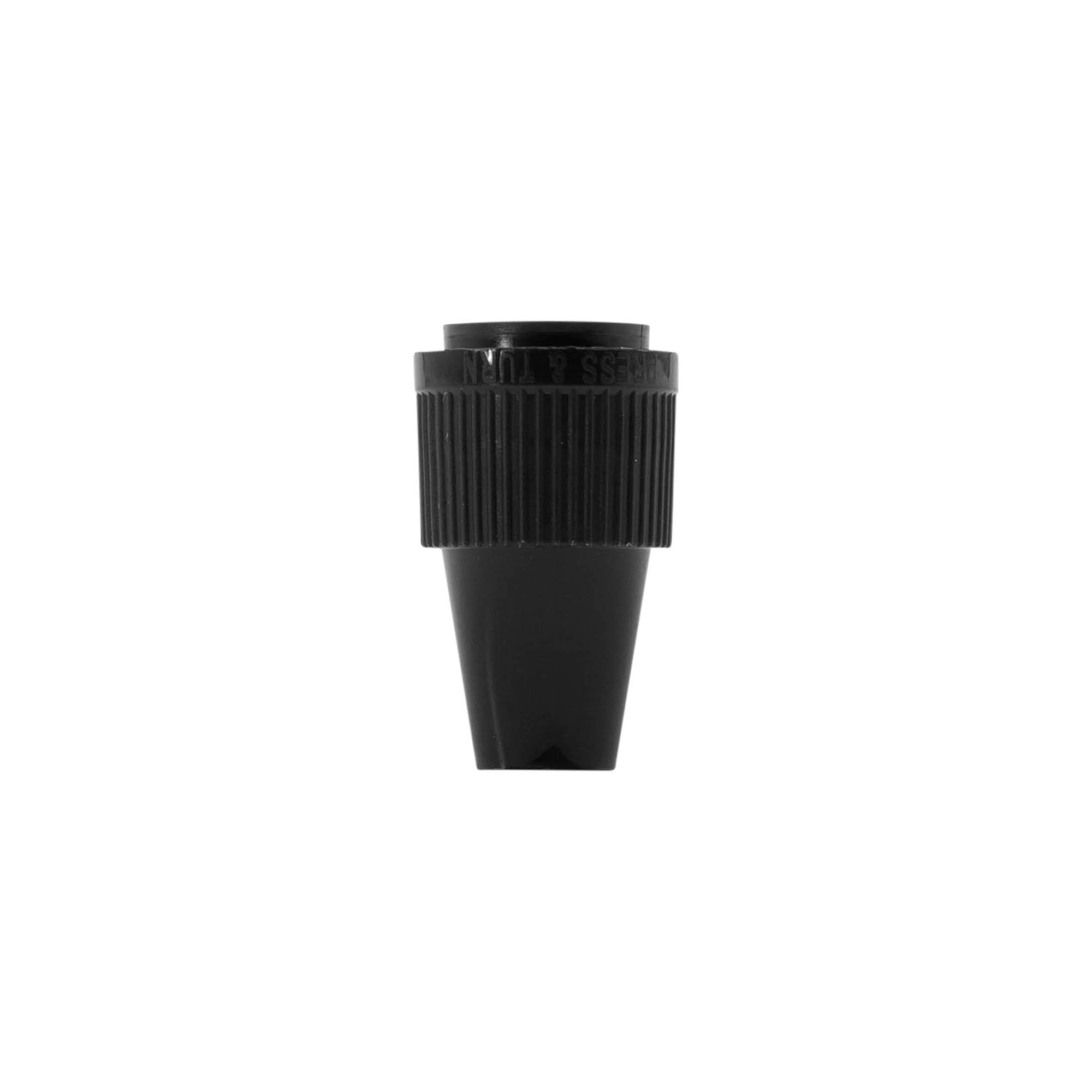 Screw cap with quality and child safety lock for 'E-Liquid', PP plastic, black Screw cap with quality and child safety lock for 'E-Liquid', PP plastic, black