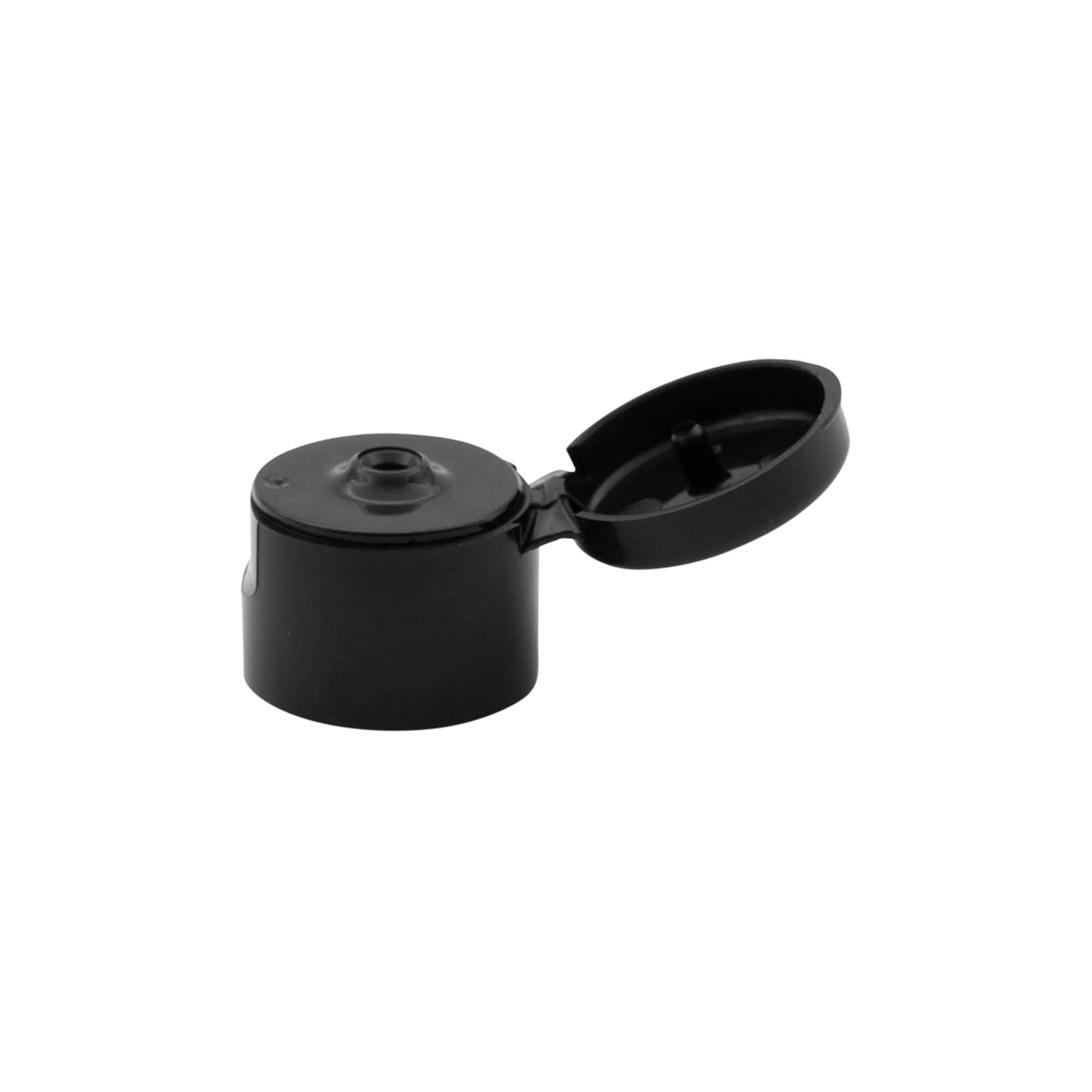 Screw cap with hinged flap, PP plastic, black, for opening: 20/410