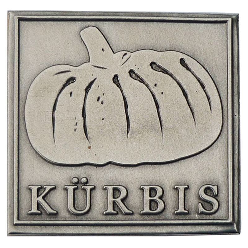Tin label 'Pumpkin', square, metal, silver Tin label 'Pumpkin', square, metal, silver