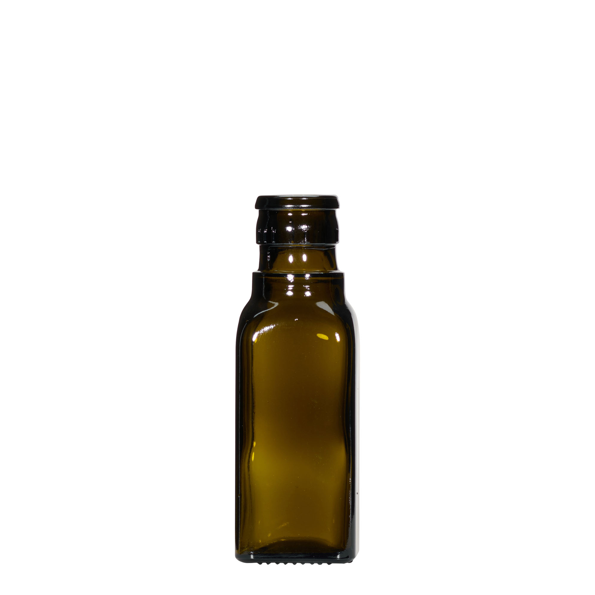 100 ml oil/vinegar bottle 'Quadra', glass, square, antique green, closure: DOP 100 ml oil/vinegar bottle 'Quadra', glass, square, antique green, closure: DOP