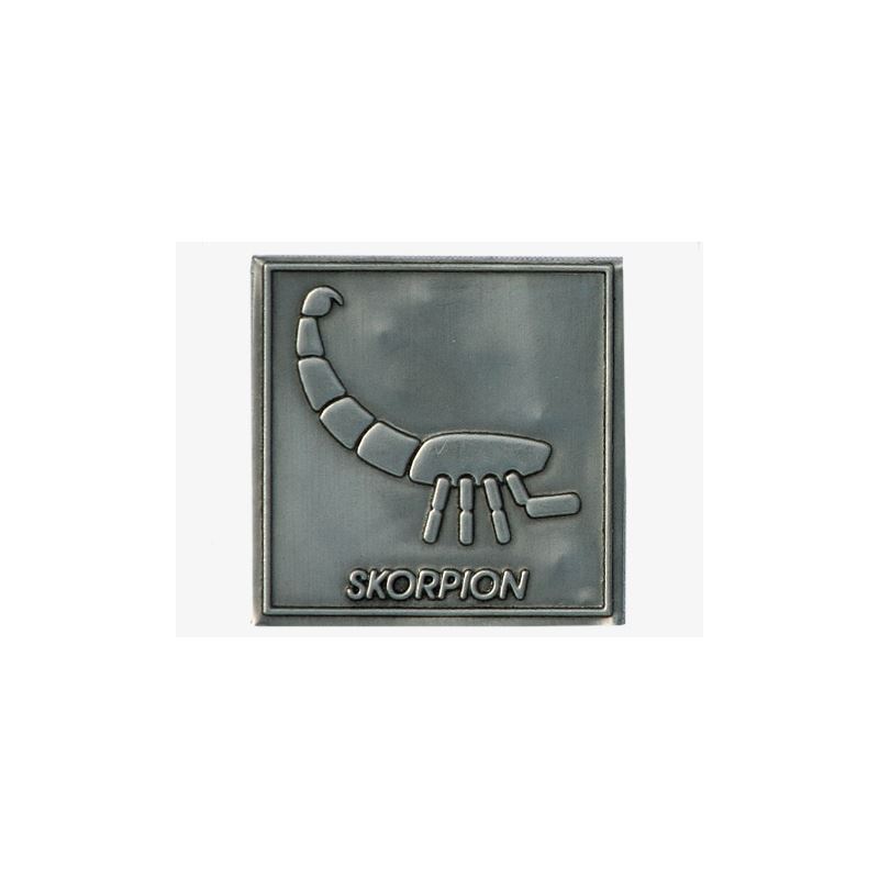Tin label 'Scorpion', square, metal, silver Tin label 'Scorpion', square, metal, silver
