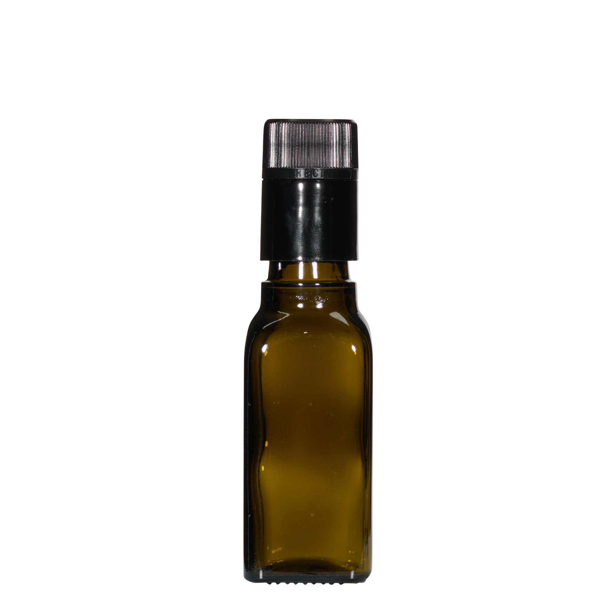 100 ml oil/vinegar bottle 'Quadra', glass, square, antique green, closure: DOP