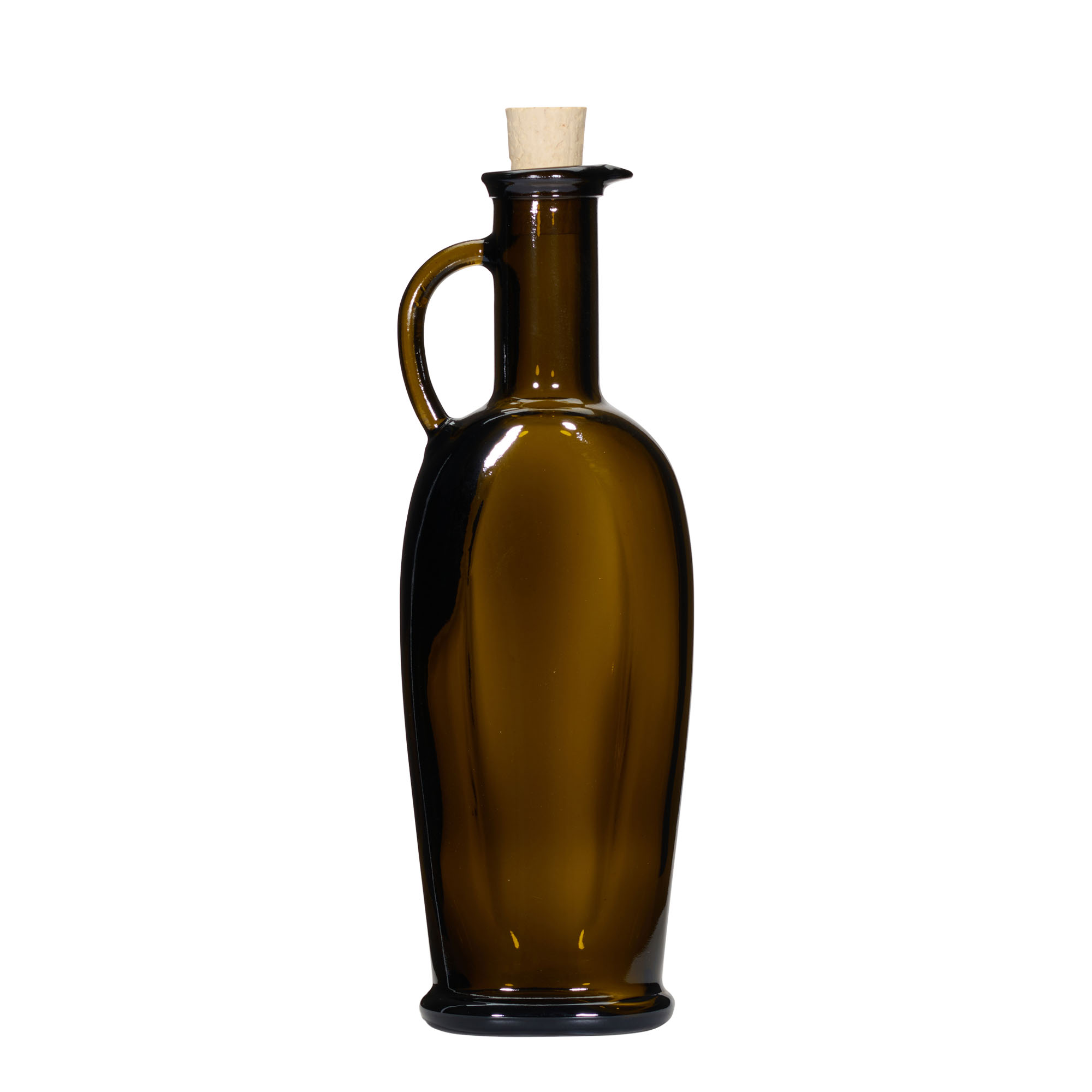 250 ml glass bottle 'Eleganta', oval, antique green, closure: cork