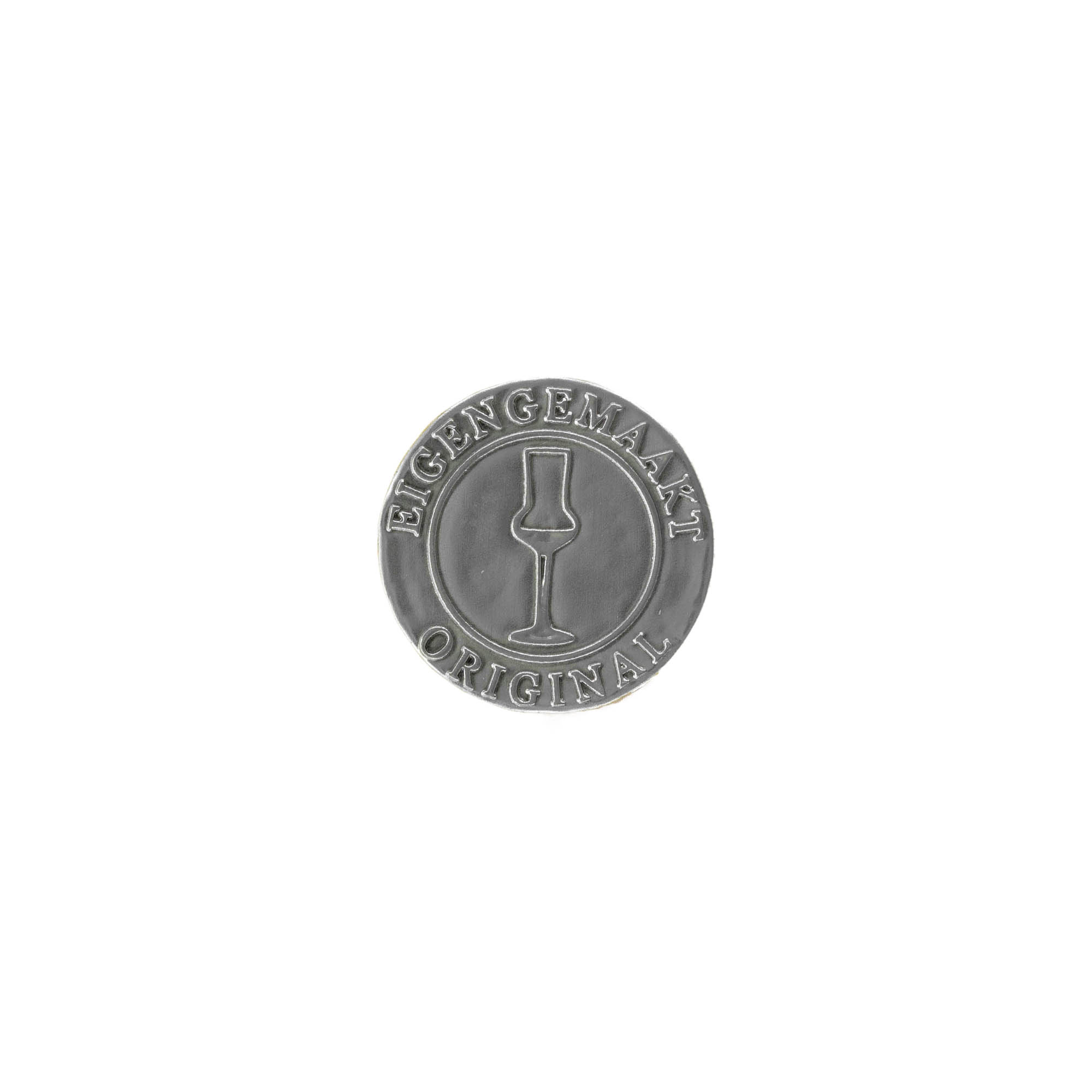 Tin label 'Eigengemaakt', round, metal, silver Tin label 'Eigengemaakt', round, metal, silver