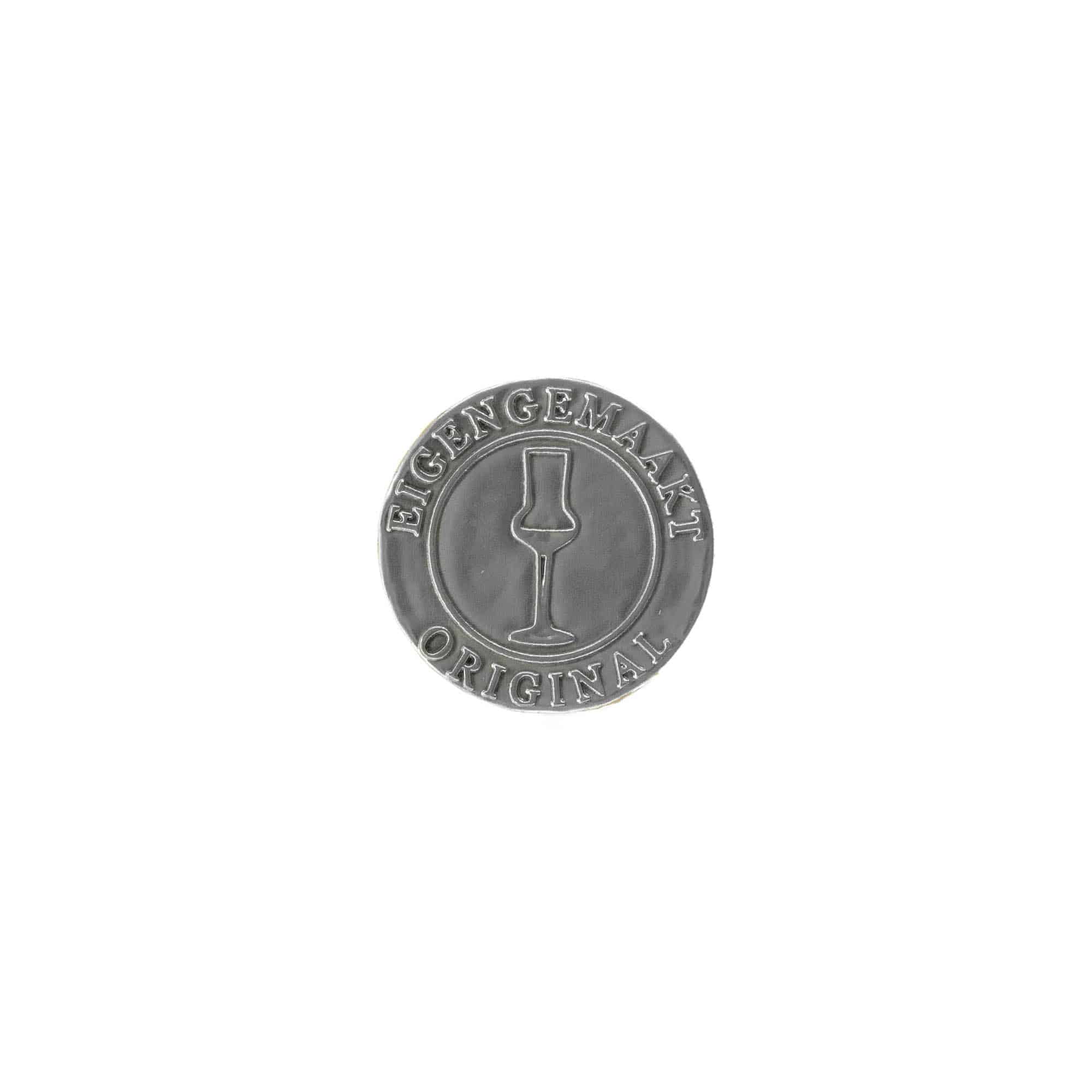Tin label ‘Eigengemaakt’, round, metal, silver