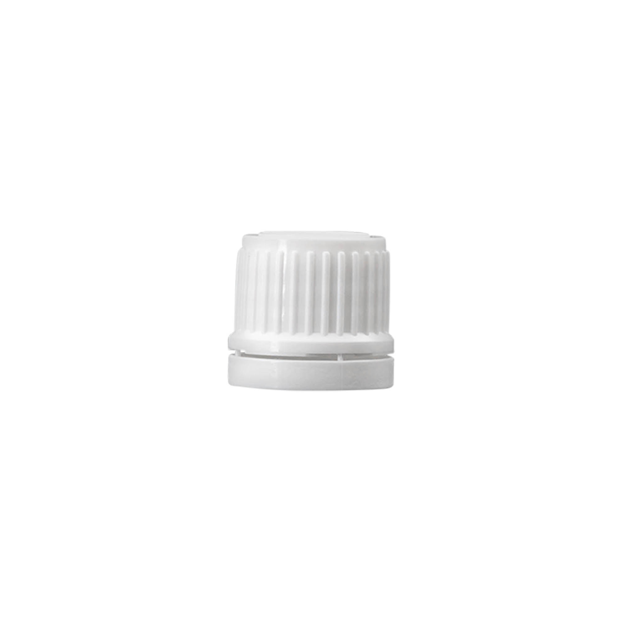 Screw cap with tamper-evident seal, PE plastic, white, for opening: DIN 18
