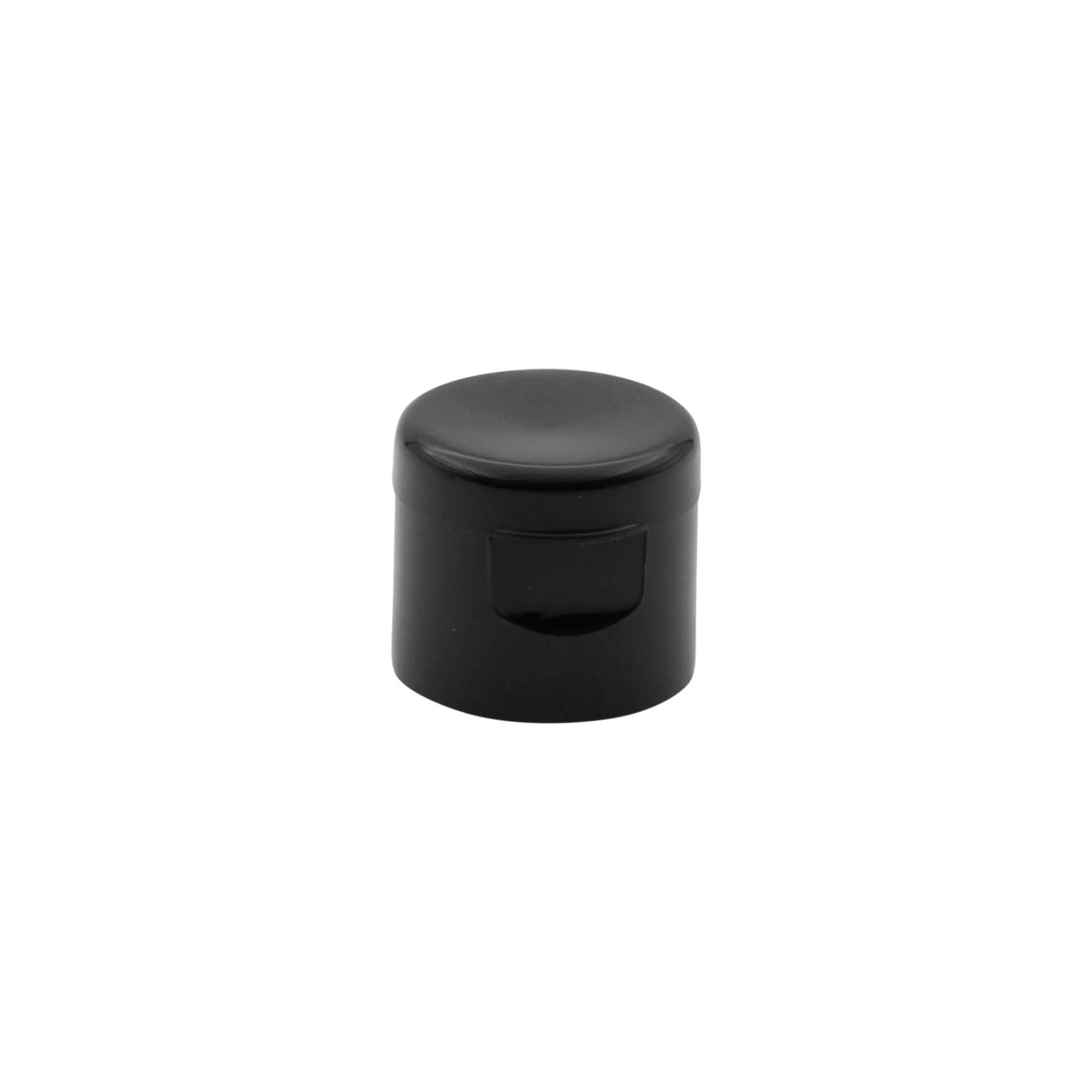 Screw cap with hinged flap, PP plastic, black, for opening: 20/410 Screw cap with hinged flap, PP plastic, black, for opening: 20/410