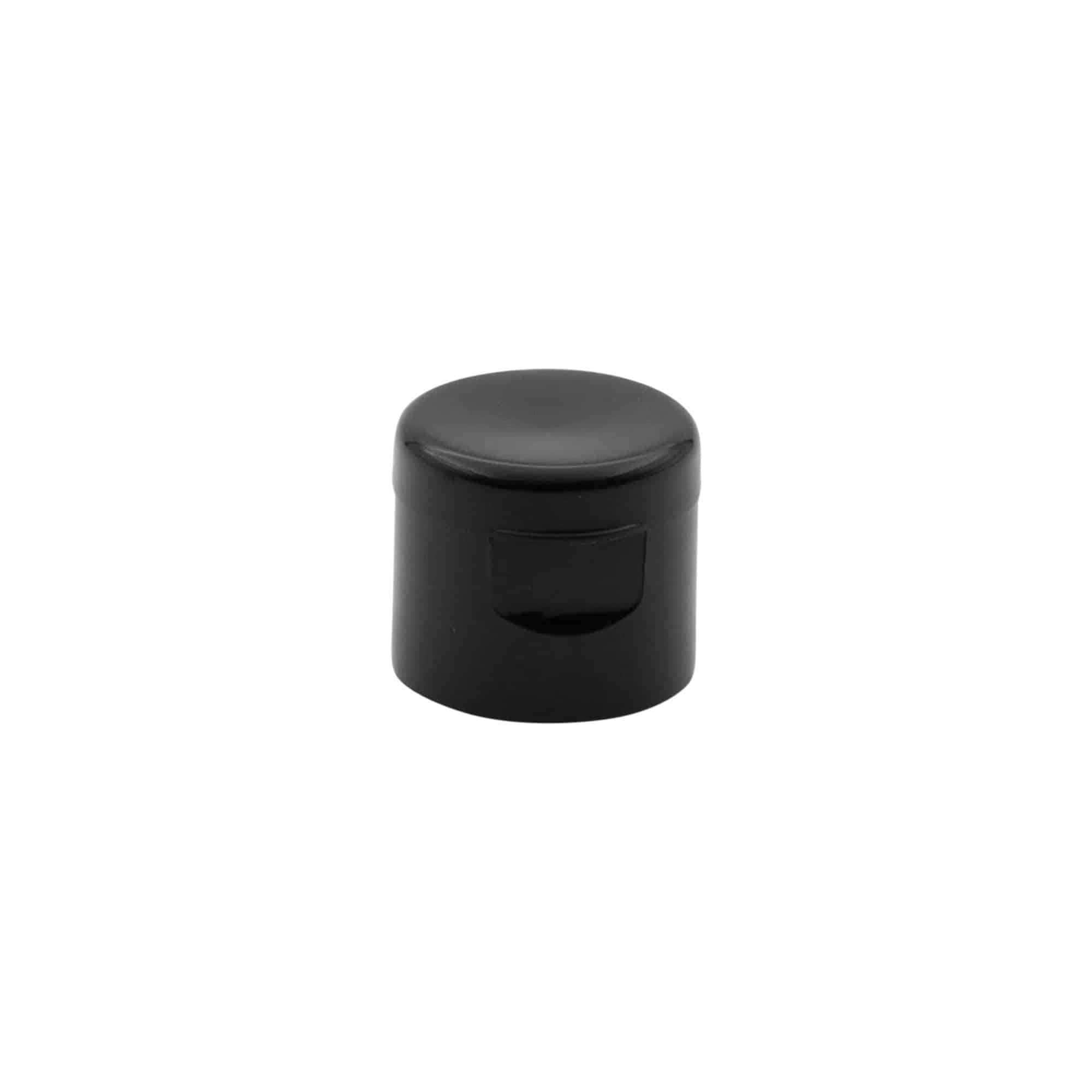 Screw cap with hinged flap, PP plastic, black, for opening: 20/410