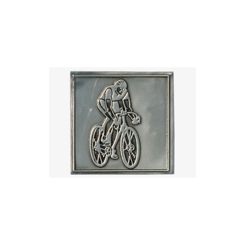 Tin label 'Cyclist', square, metal, silver Tin label 'Cyclist', square, metal, silver