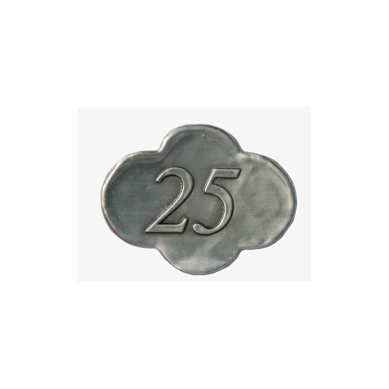 Tin label ‘25’, metal, silver