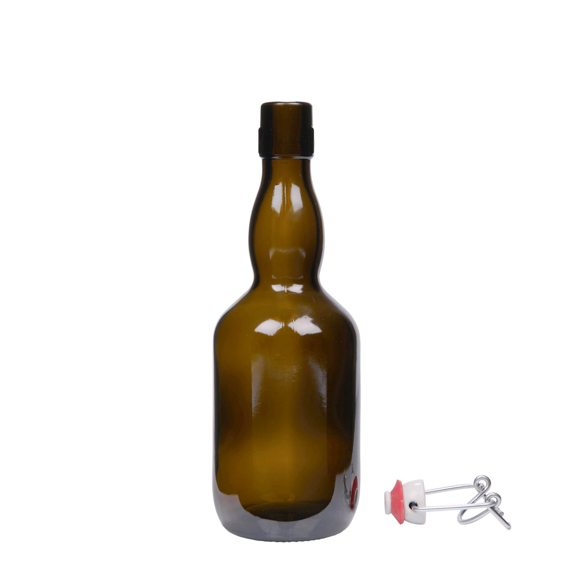 500 ml beer bottle with long neck, glass, antique green, opening: swing top closure 500 ml beer bottle with long neck, glass, antique green, opening: swing top closure