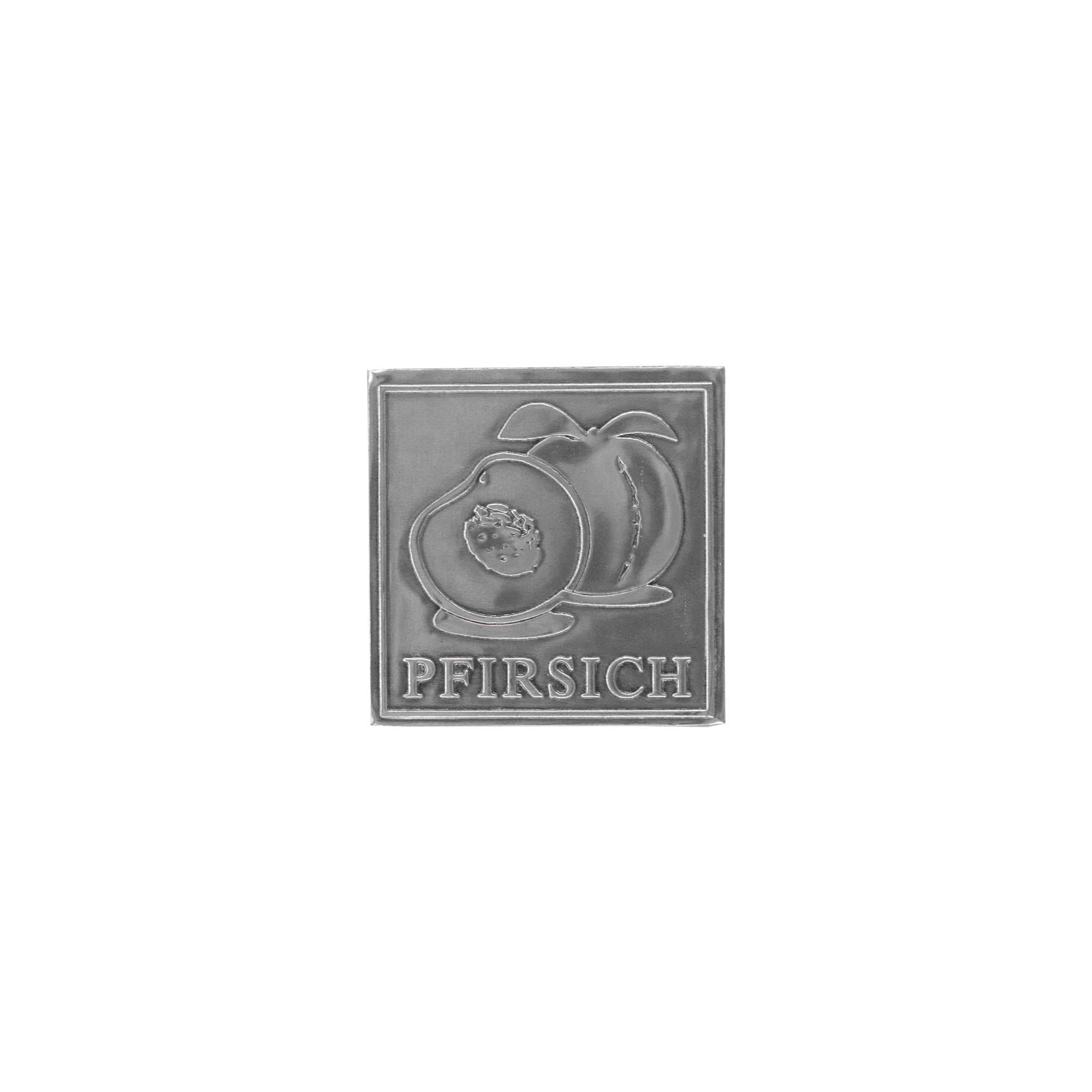 Tin label 'Peach', square, metal, silver Tin label 'Peach', square, metal, silver