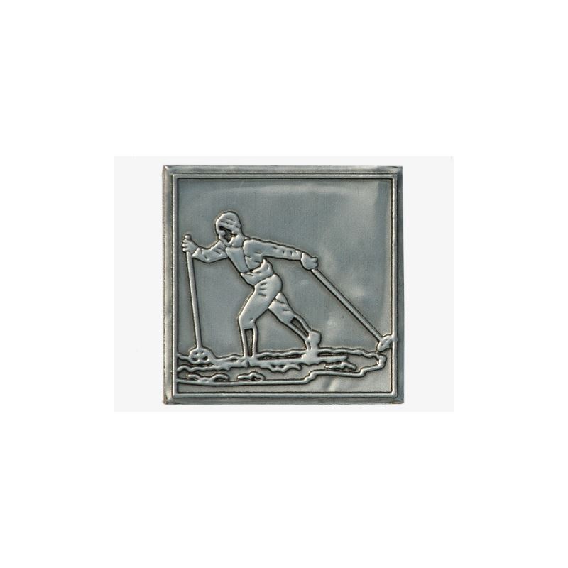 Tin label 'Cross-country skier', square, metal, silver