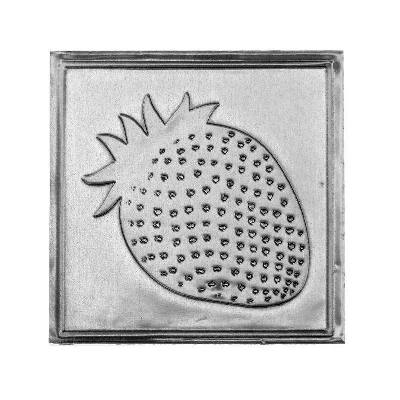 Tin label 'Strawberry', square, metal, silver Tin label 'Strawberry', square, metal, silver