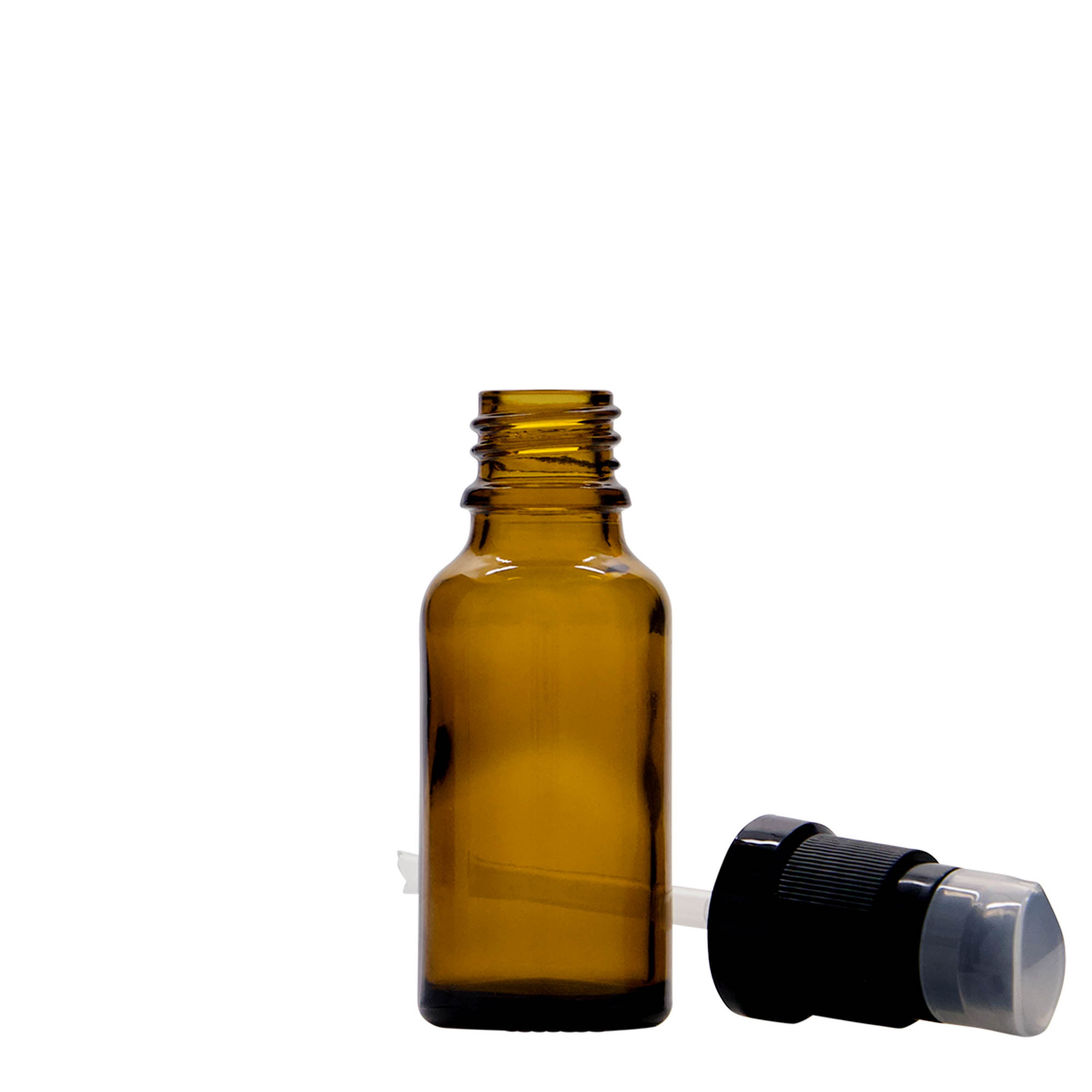 20 ml medicine bottle with lotion pump, glass, brown, opening: DIN 18