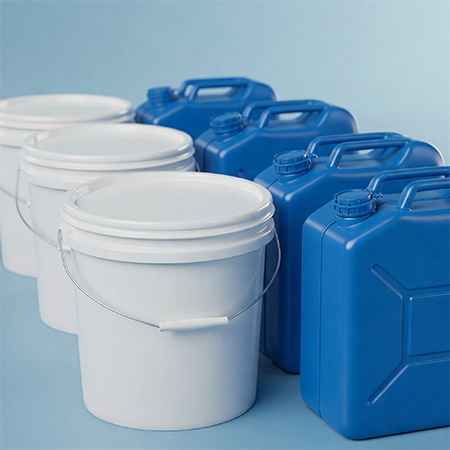 White buckets and blue canisters Mood picture: White buckets and blue canisters for chemicals