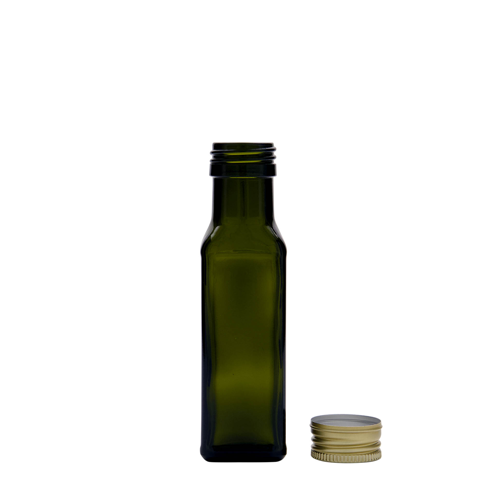 100 ml glass bottle 'Marasca', square, antique green, closure: PP 31.5 100 ml glass bottle 'Marasca', square, antique green, closure: PP 31.5