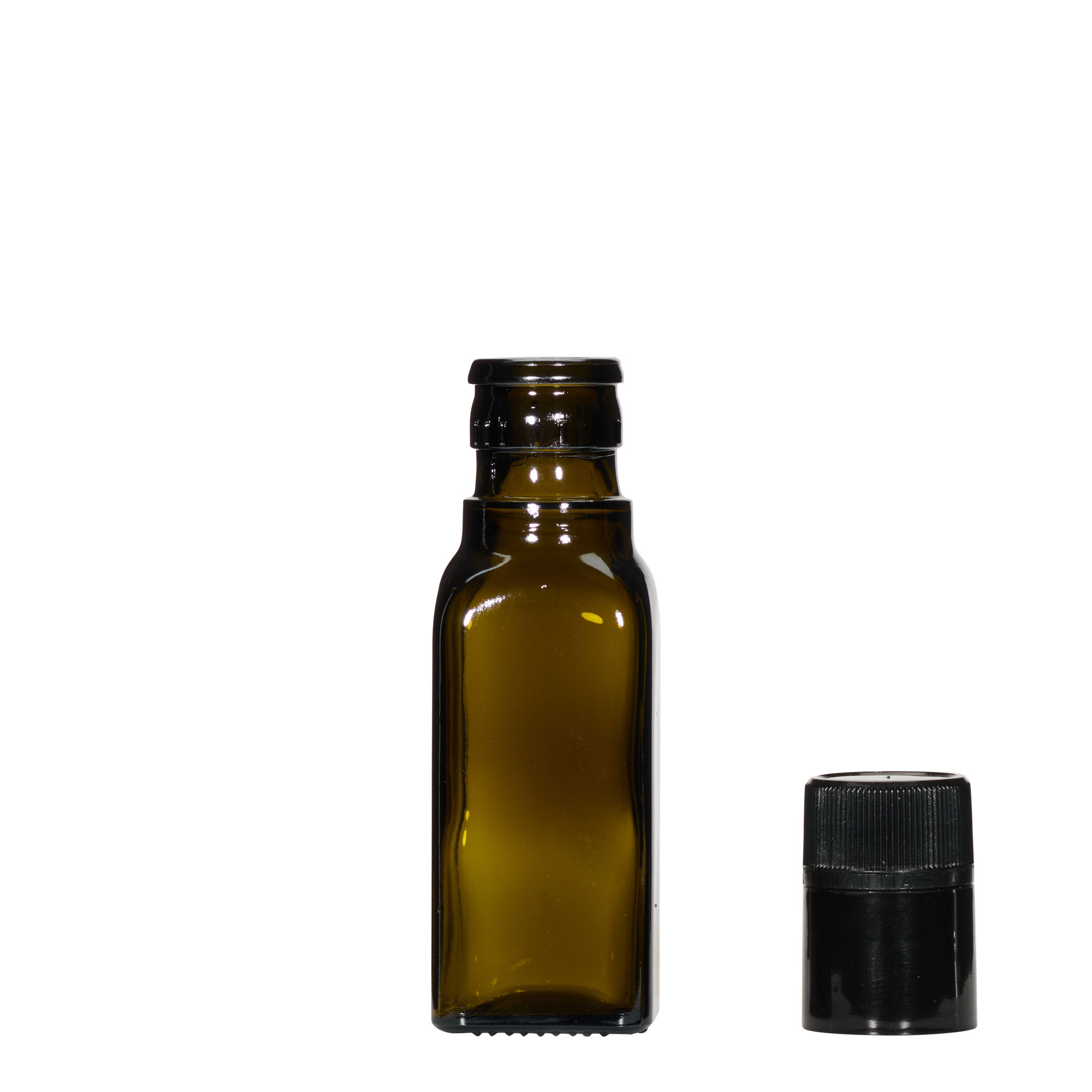 100 ml oil/vinegar bottle 'Quadra', glass, square, antique green, closure: DOP