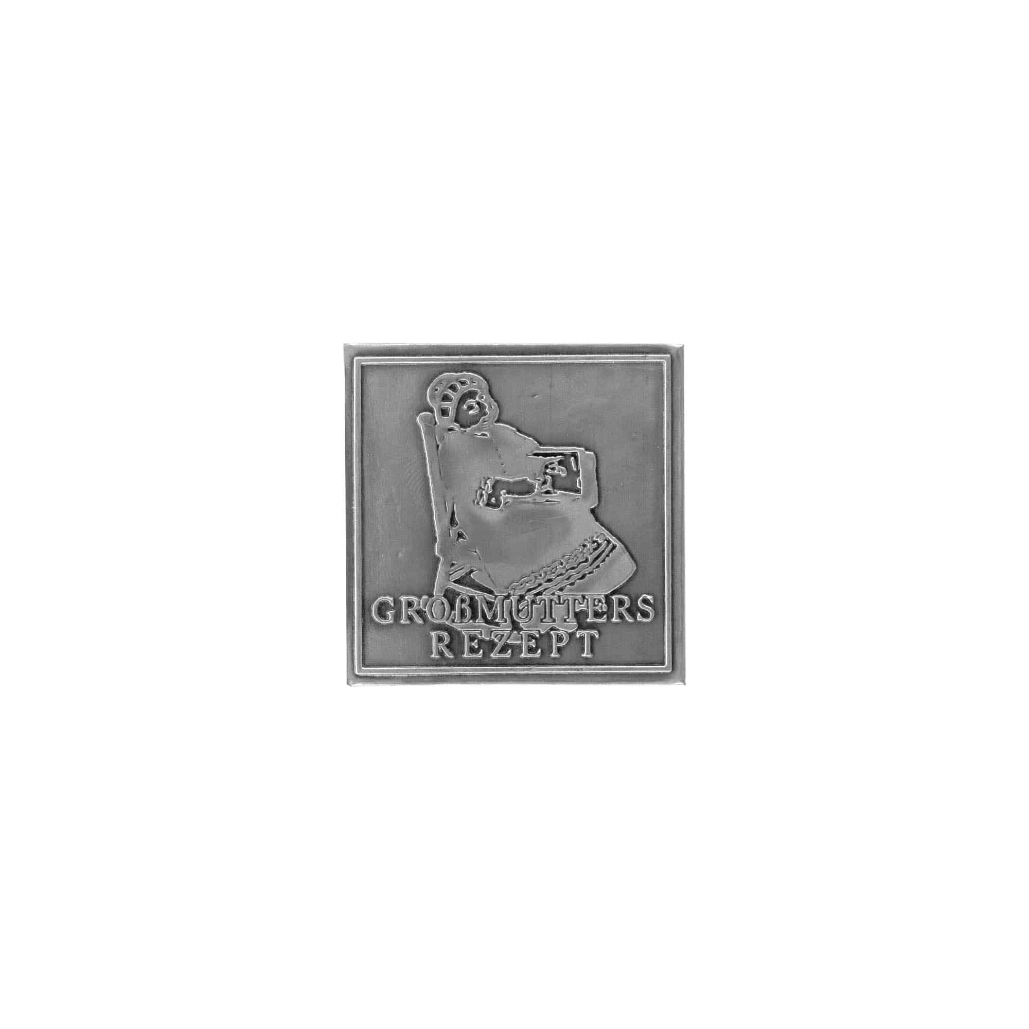 Tin label ‘Großmutters Rezept, square, metal, silver