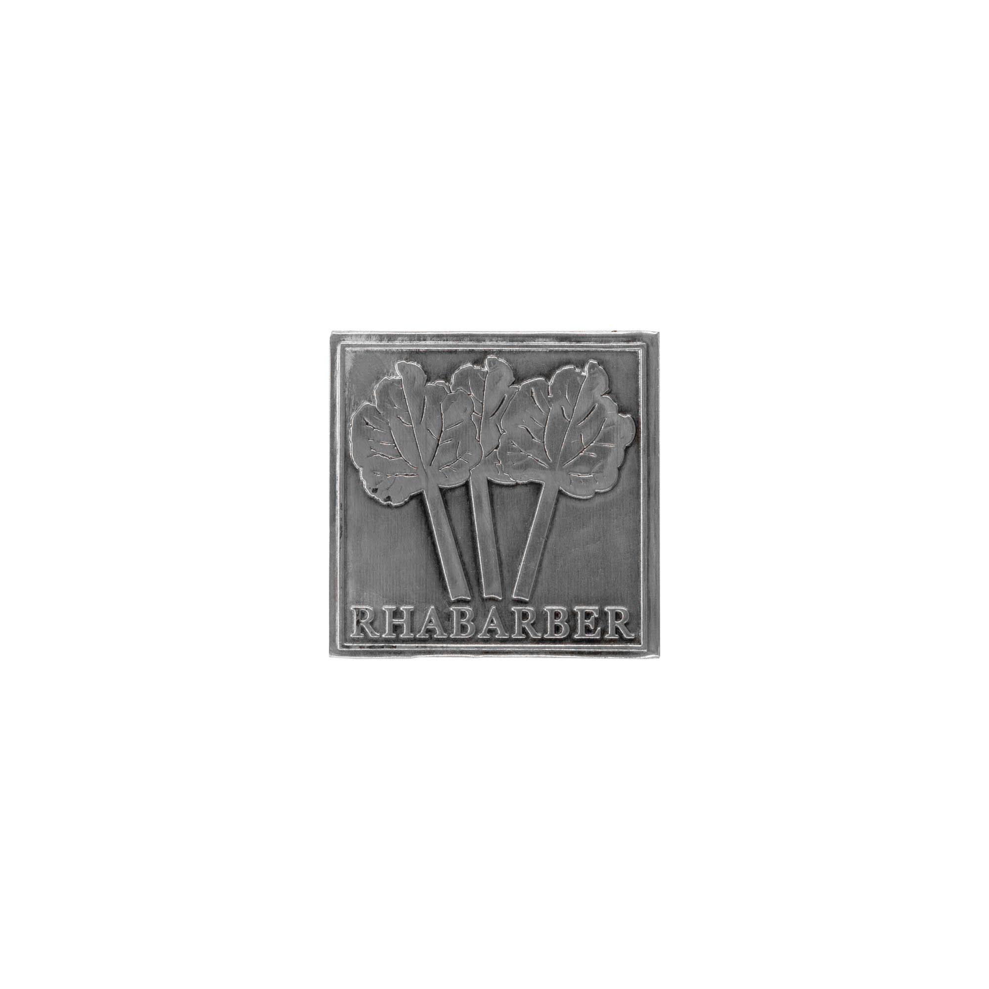 Tin label 'Rhubarb', square, metal, silver Tin label 'Rhubarb', square, metal, silver