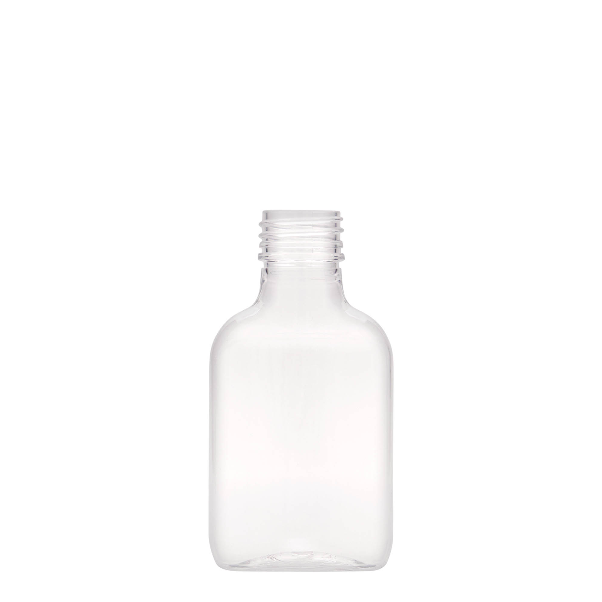 100 ml pocket flask bottle, oval, PET plastic, closure: PP 28 100 ml pocket flask bottle, oval, PET plastic, closure: PP 28
