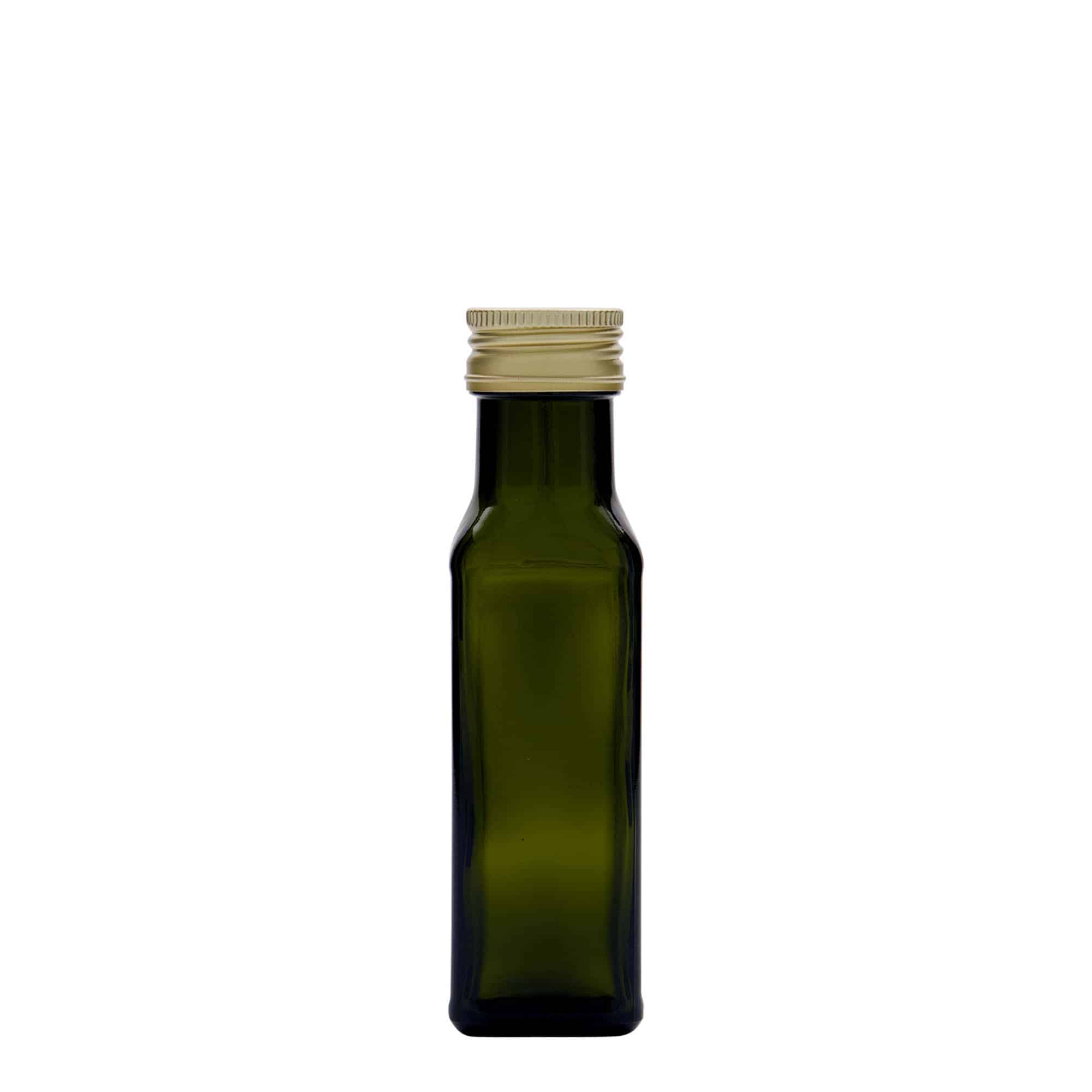 100 ml glass bottle ‘Marasca’, square, antique green, opening: PP 31.5