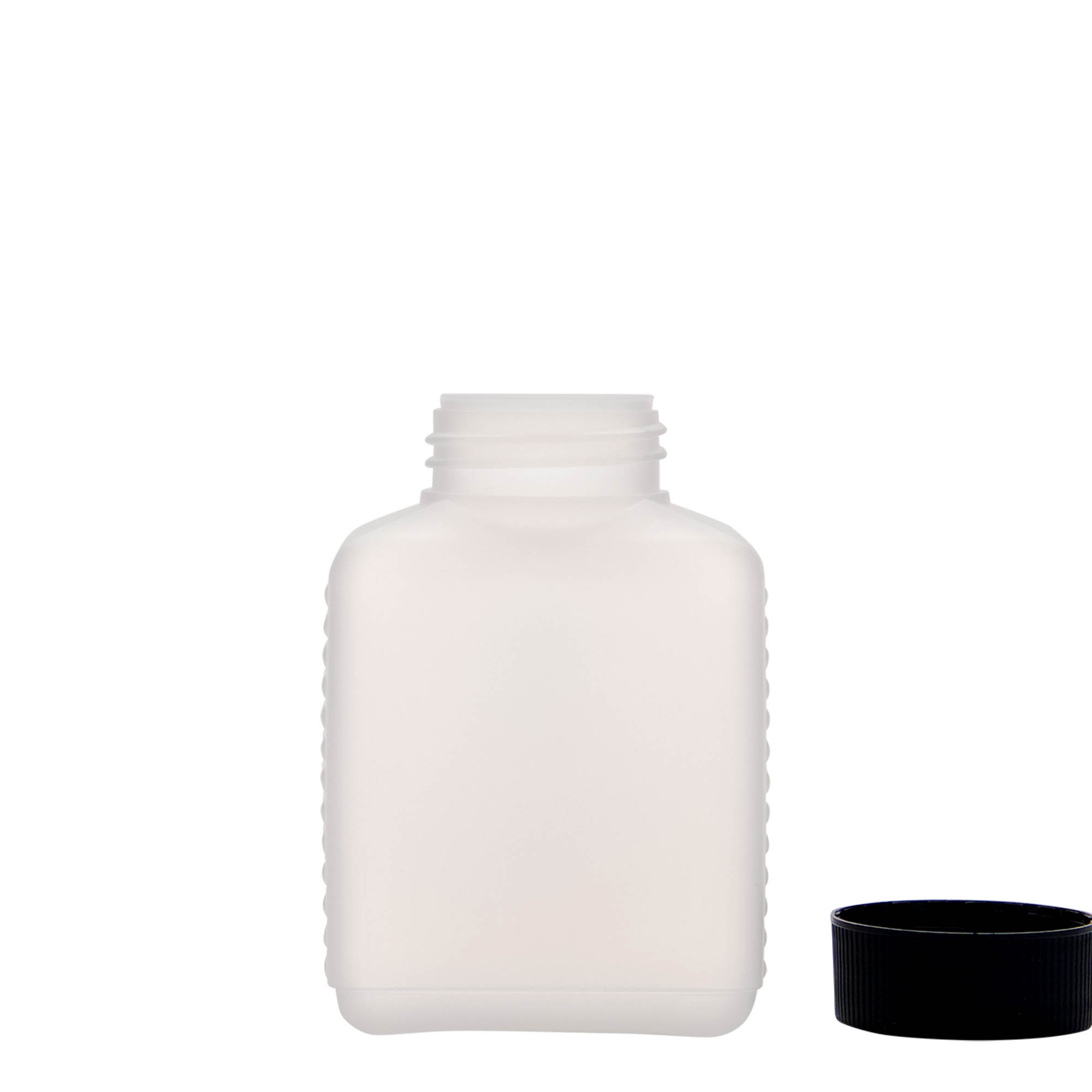 250 ml wide neck bottle, rectangular, HDPE plastic, natural, closure: DIN 40 EPE 250 ml wide neck bottle, rectangular, HDPE plastic, natural, closure: DIN 40 EPE