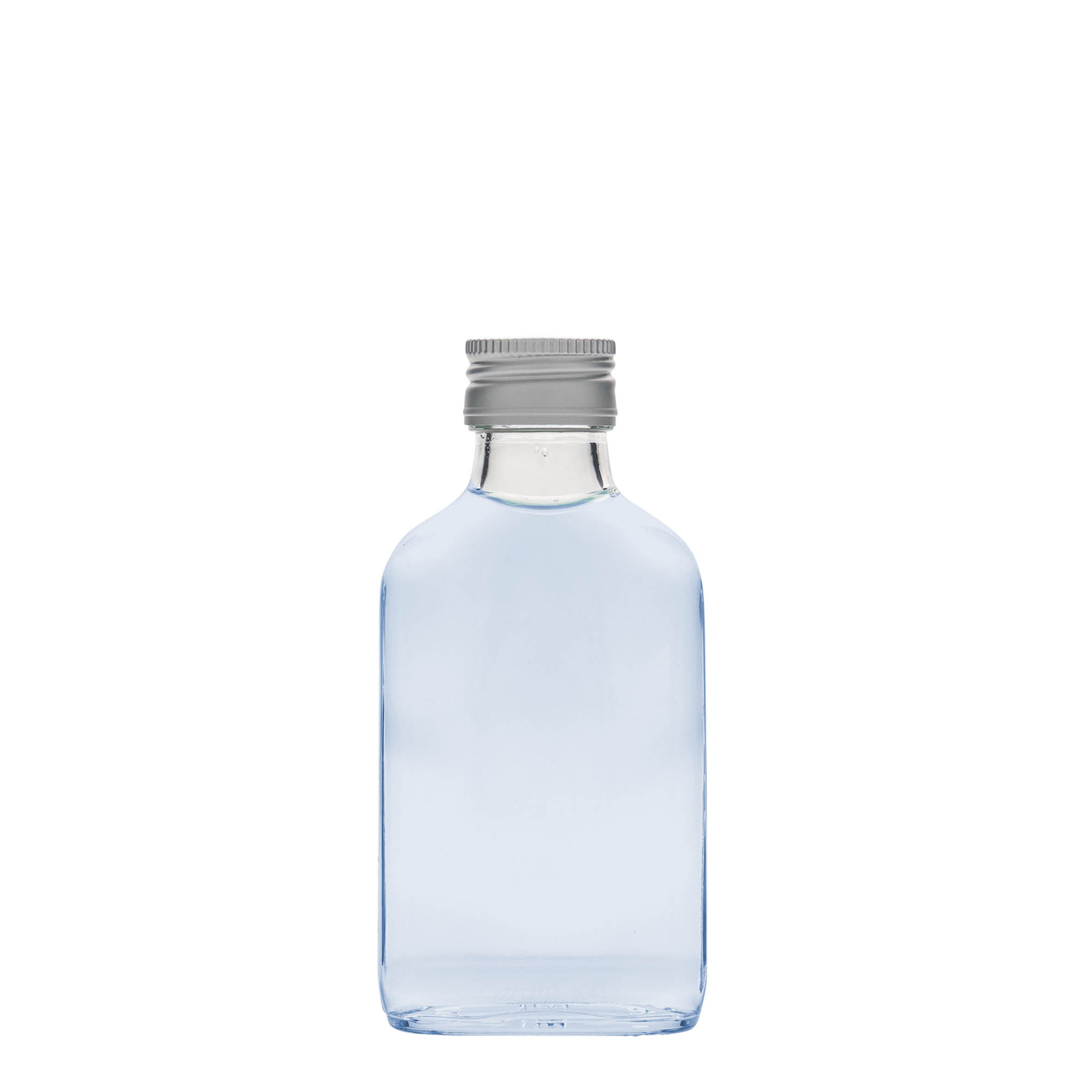 100 ml pocket flask bottle, rectangular, glass, closure: PP 28
