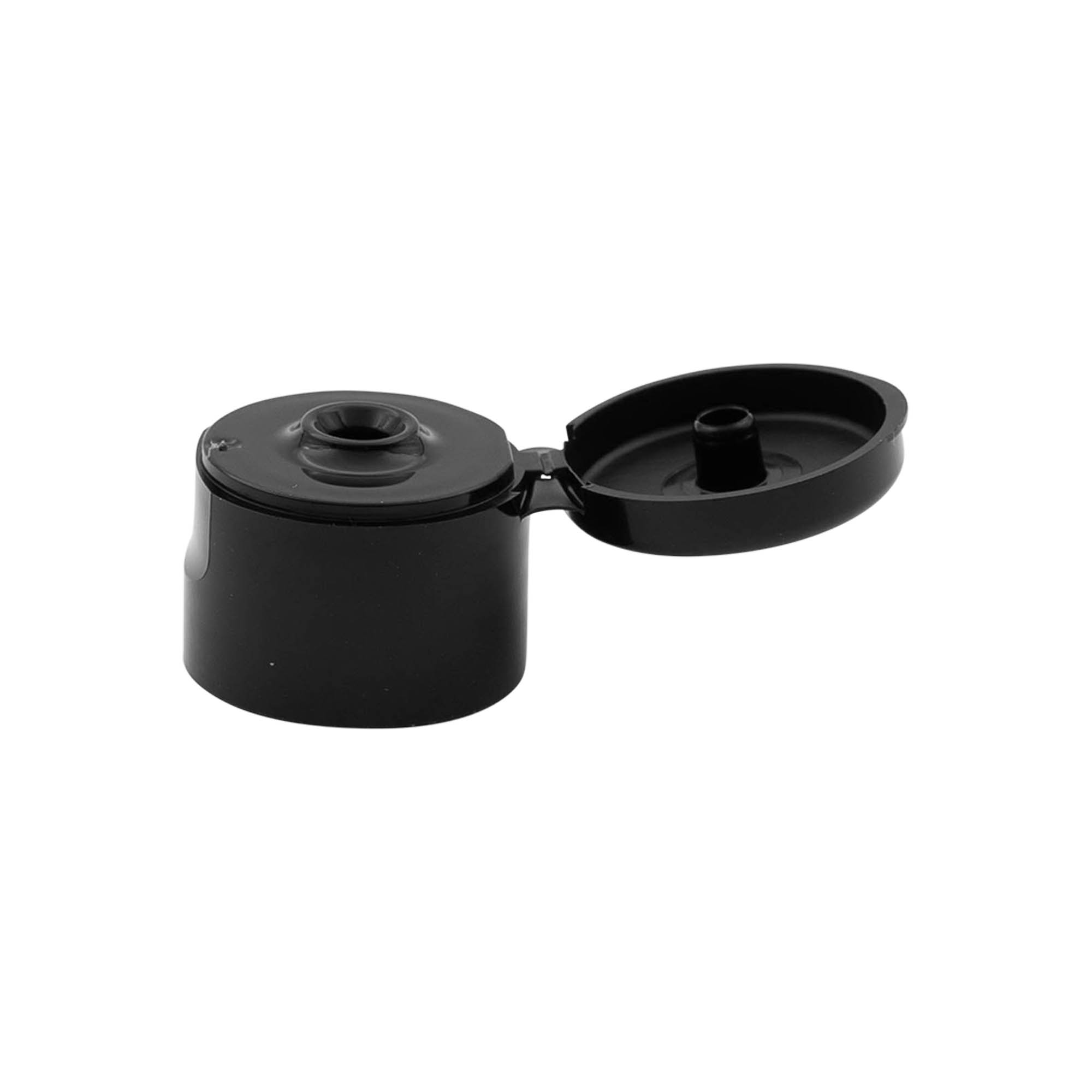 Screw cap with hinged flap, PP plastic, black, for opening: 24/410 Screw cap with hinged flap, PP plastic, black, for opening: 24/410