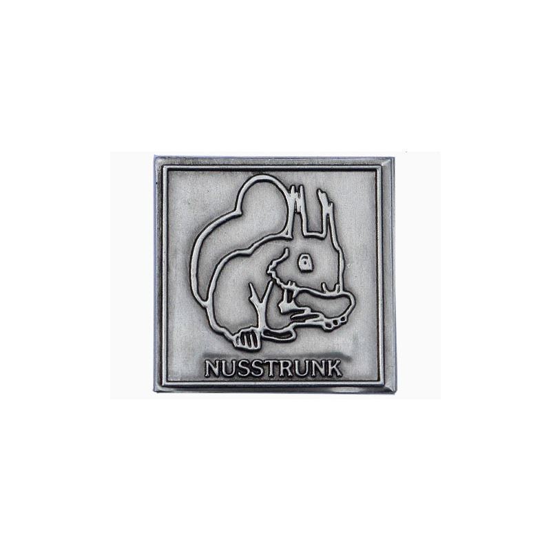 Tin label 'Nusstrunk', square, metal, silver Tin label 'Nusstrunk', square, metal, silver