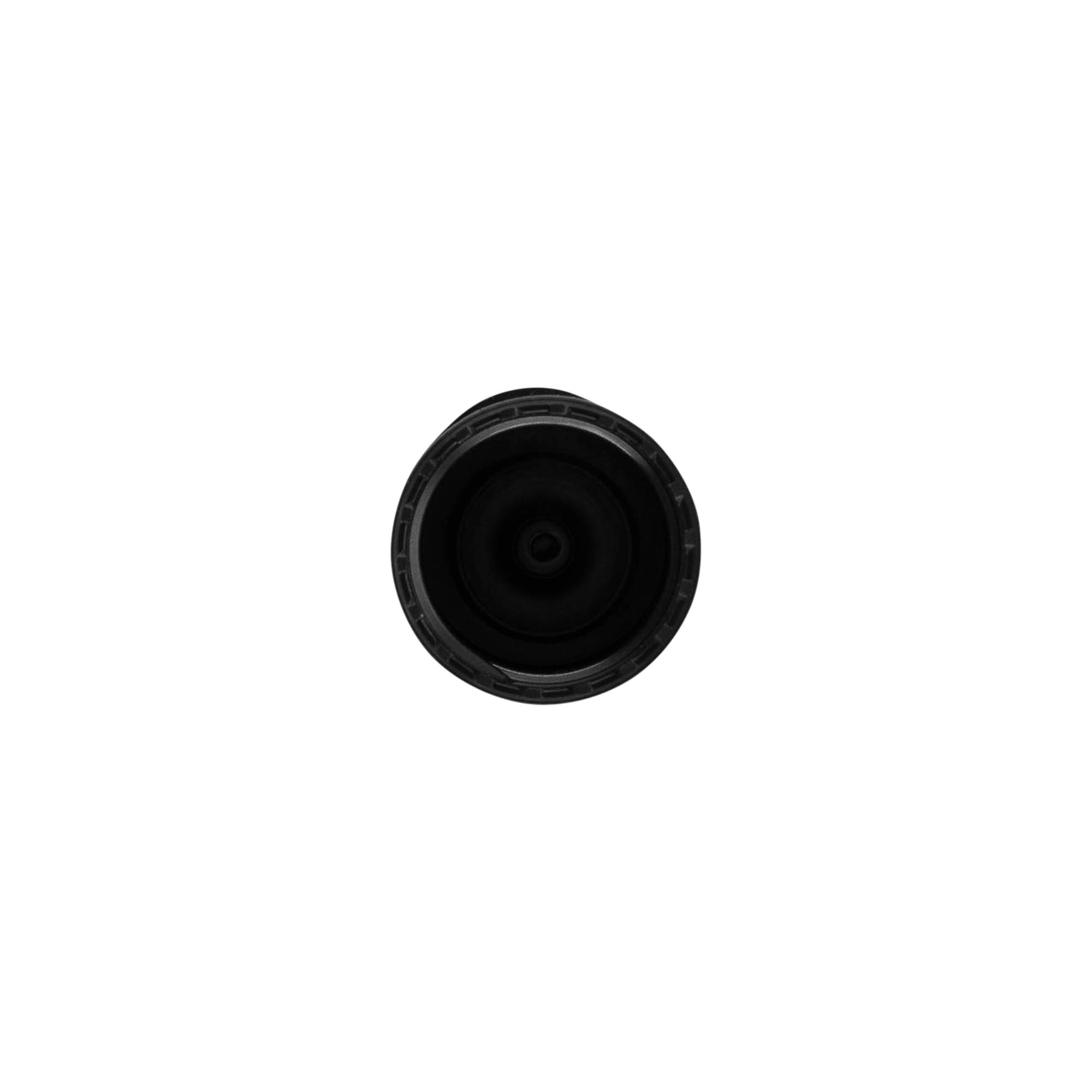 Screw cap with hinged flap, PP plastic, black, for opening: 20/410