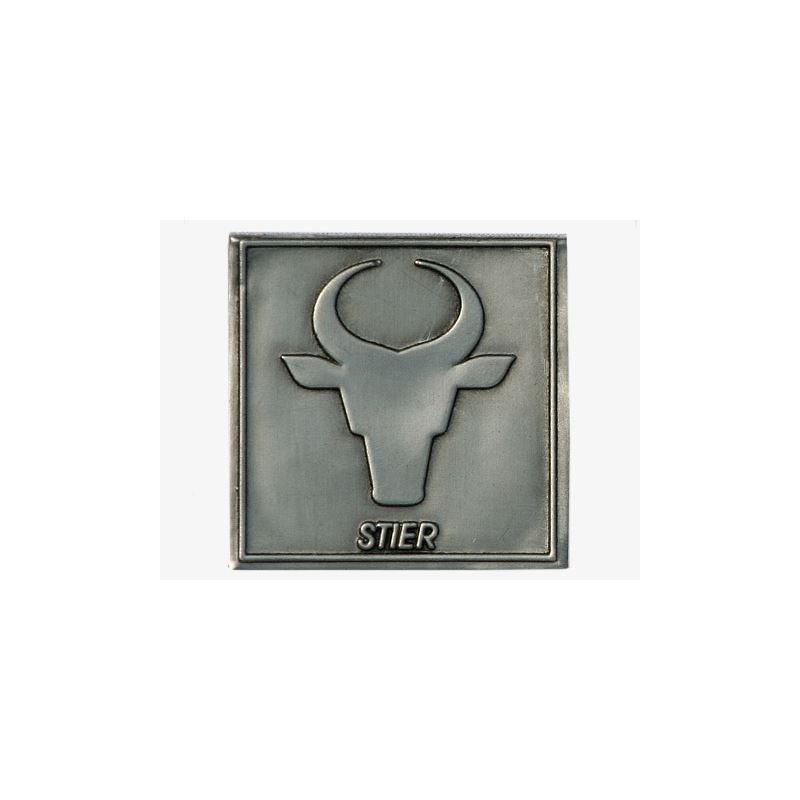 Tin label 'Bull', square, metal, silver Tin label 'Bull', square, metal, silver