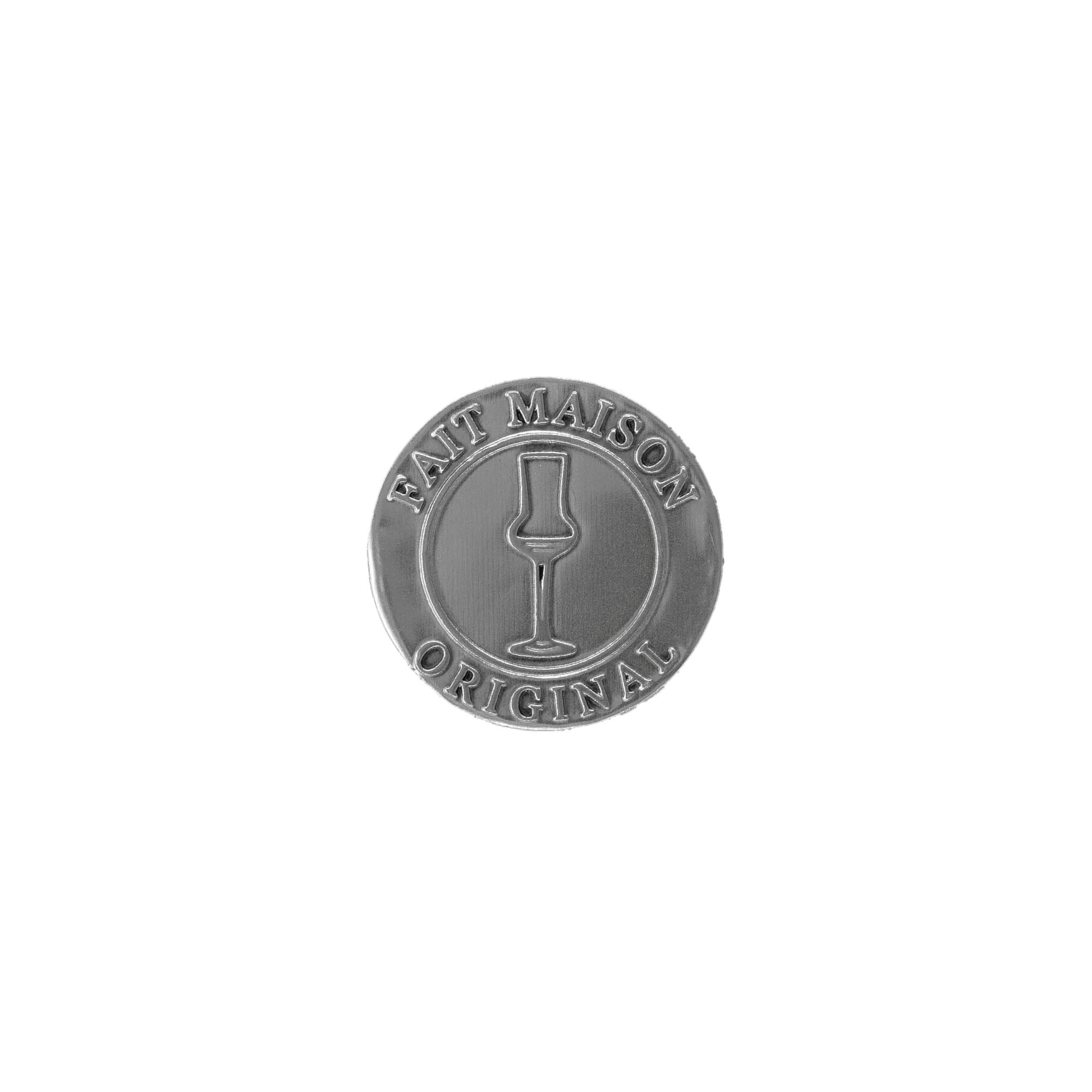 Pewter tag 'Fait Maison', round, metal, silver Pewter tag 'Fait Maison', round, metal, silver