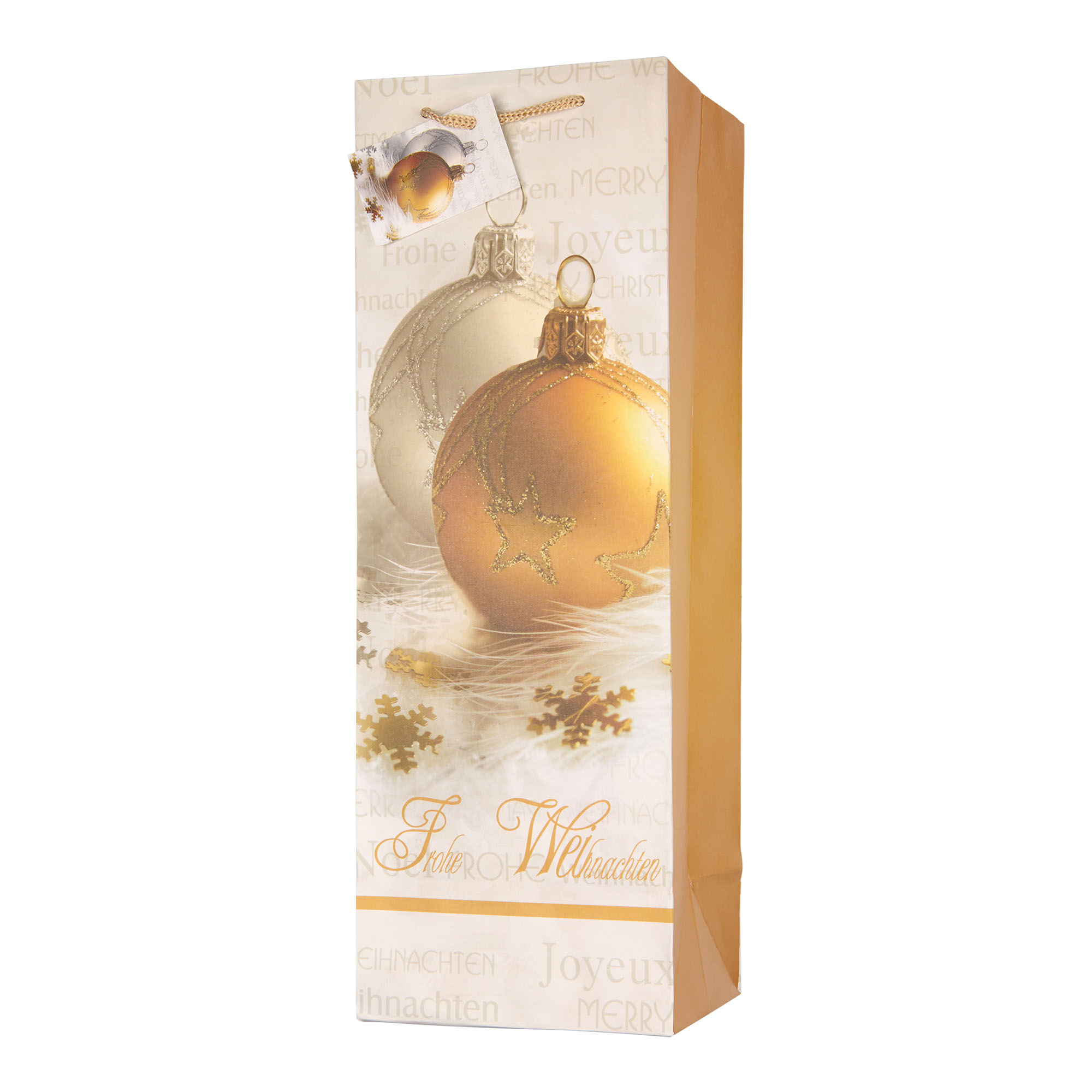 Bottle bag, print: Happy Christmas, square, paper, gold