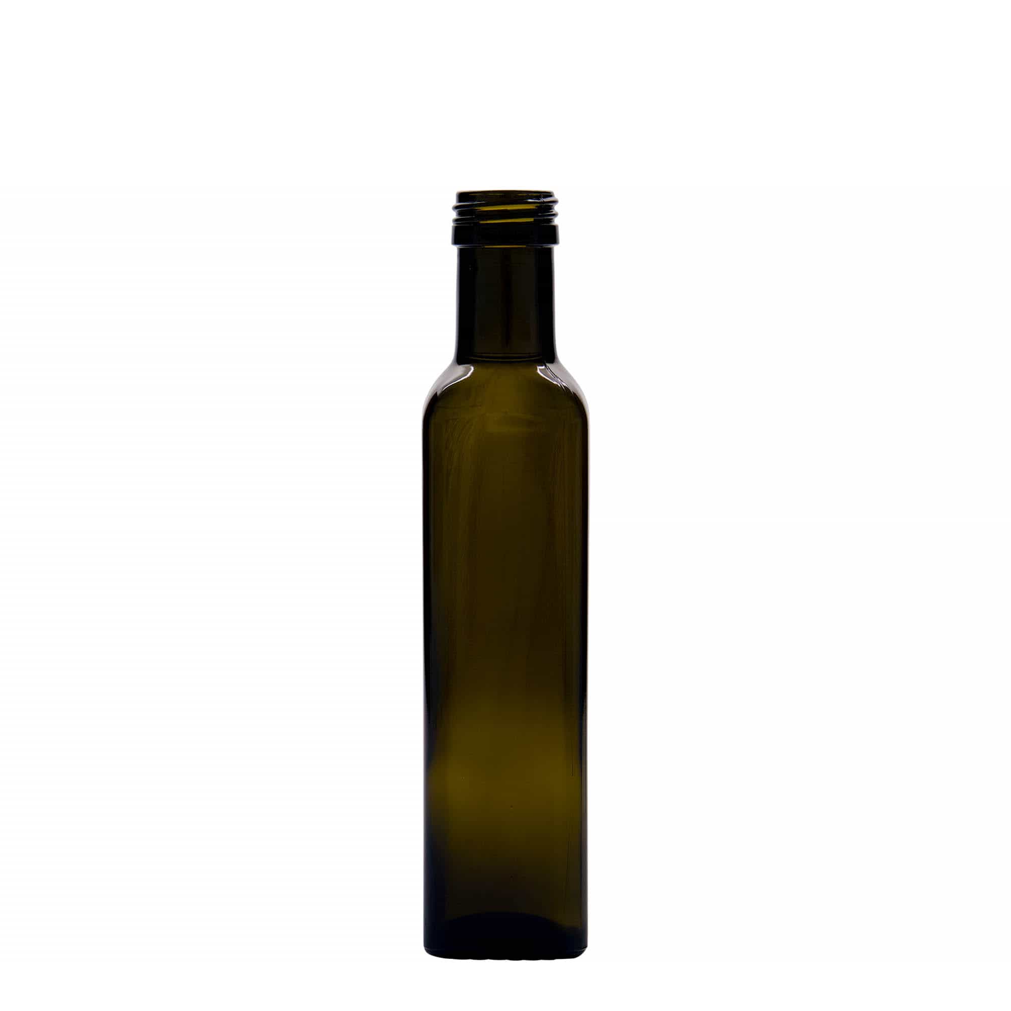 250 ml glass bottle ‘Marasca’, square, antique green, opening: PP 31.5