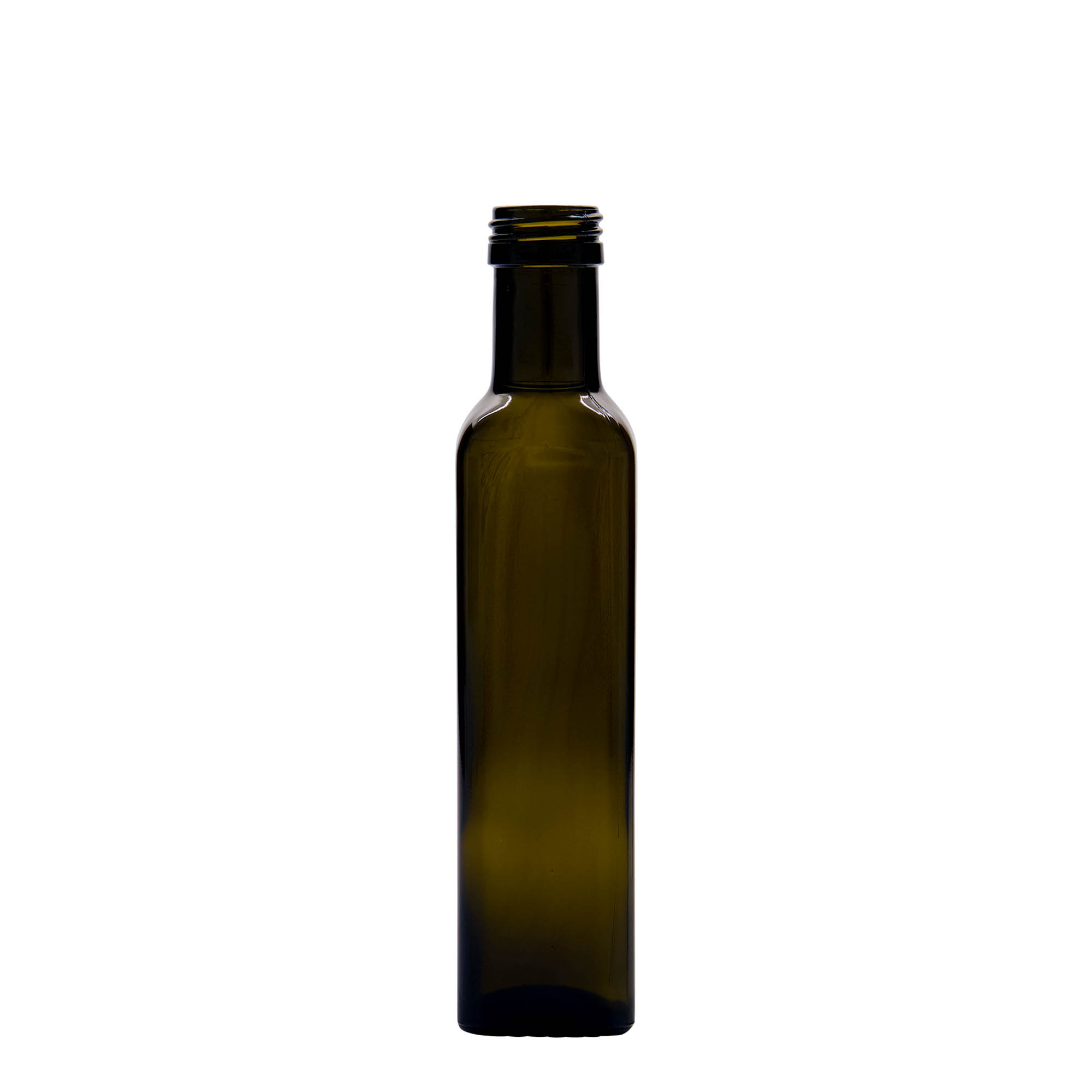 250 ml glass bottle ‘Marasca’, square, antique green, opening: PP 31.5
