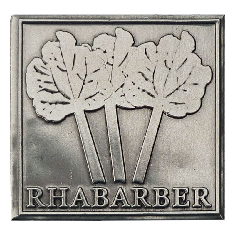 Tin label 'Rhubarb', square, metal, silver Tin label 'Rhubarb', square, metal, silver
