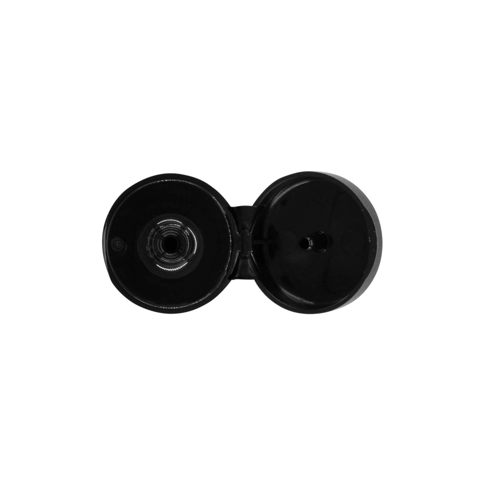Screw cap with hinged flap, PP plastic, black, for opening: 20/410