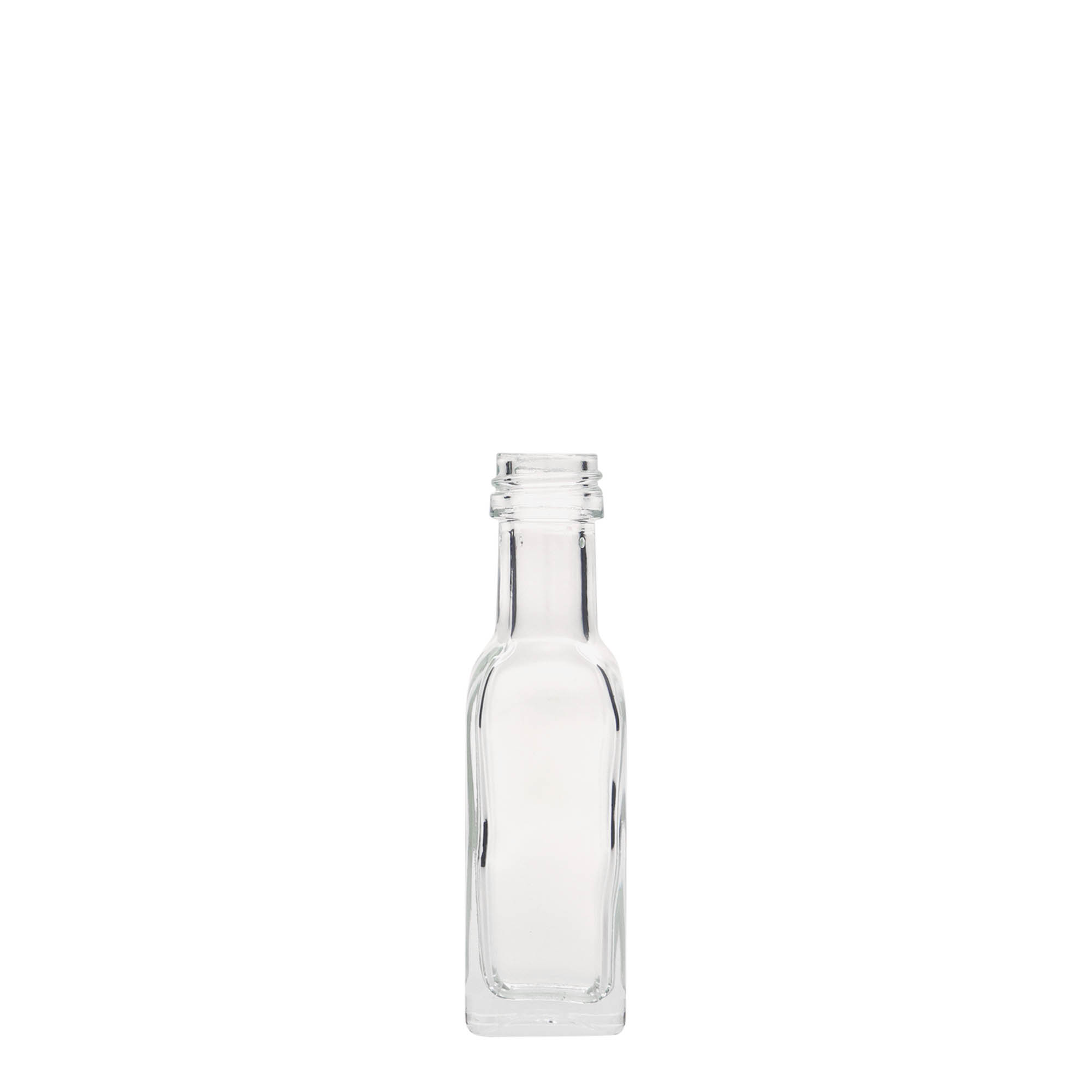 20 ml glass bottle 'Marasca', square, opening: PP 18 20 ml glass bottle 'Marasca', square, opening: PP 18