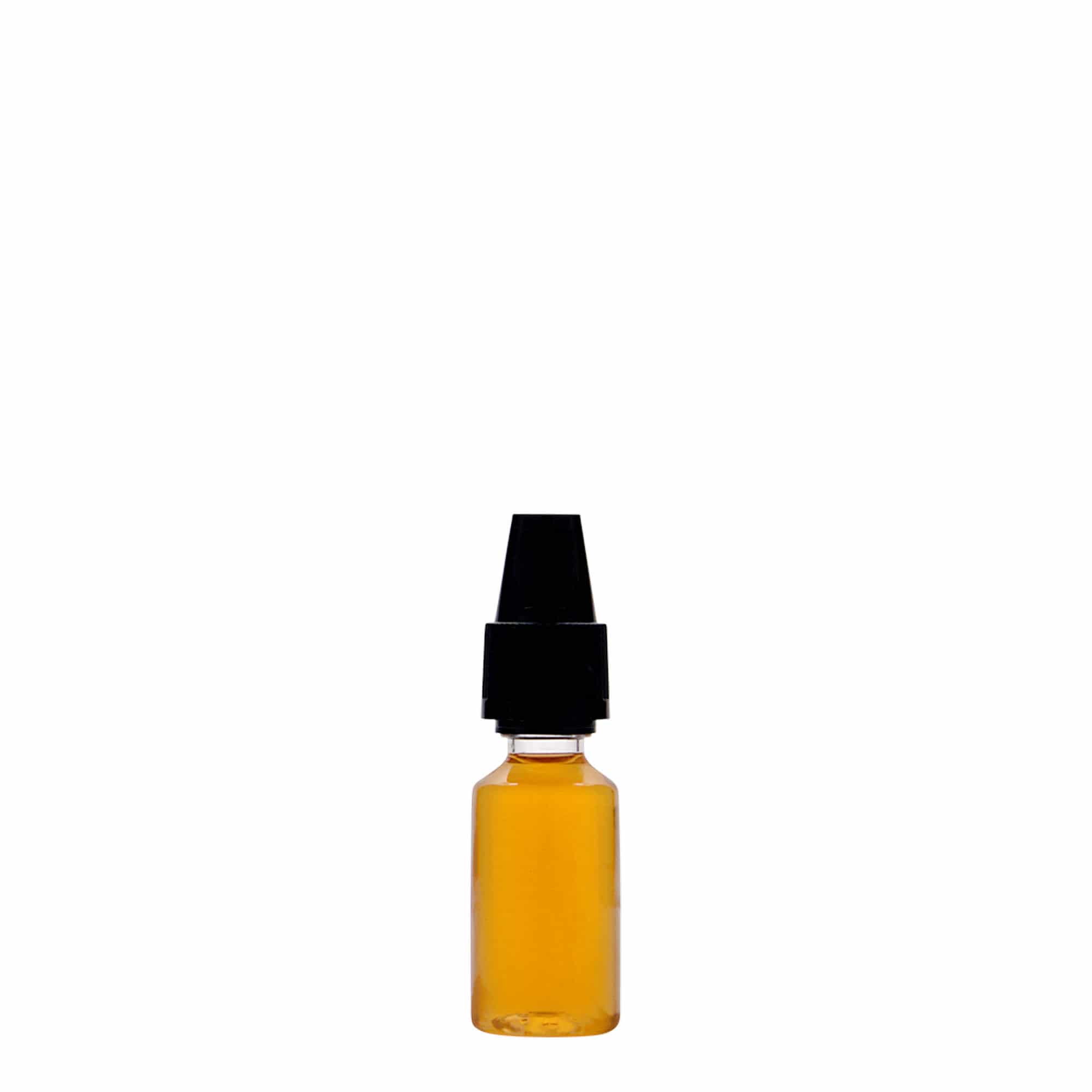 10 ml PET bottle ‘E-Liquid’ with quality and child safety, plastic, opening: screw cap
