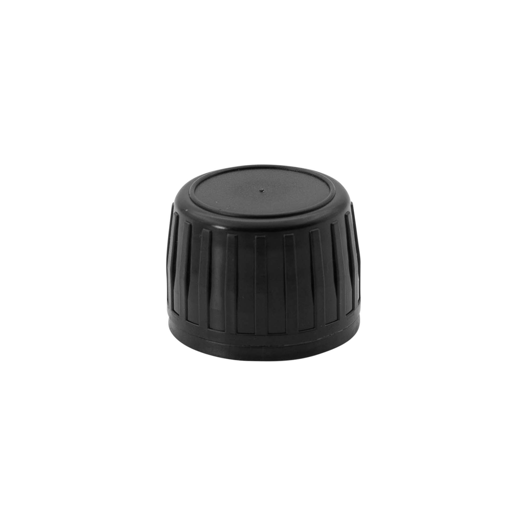 Screw cap with tamper evident seal, PP plastic, black, for opening: DIN 28 Screw cap with tamper evident seal, PP plastic, black, for opening: DIN 28