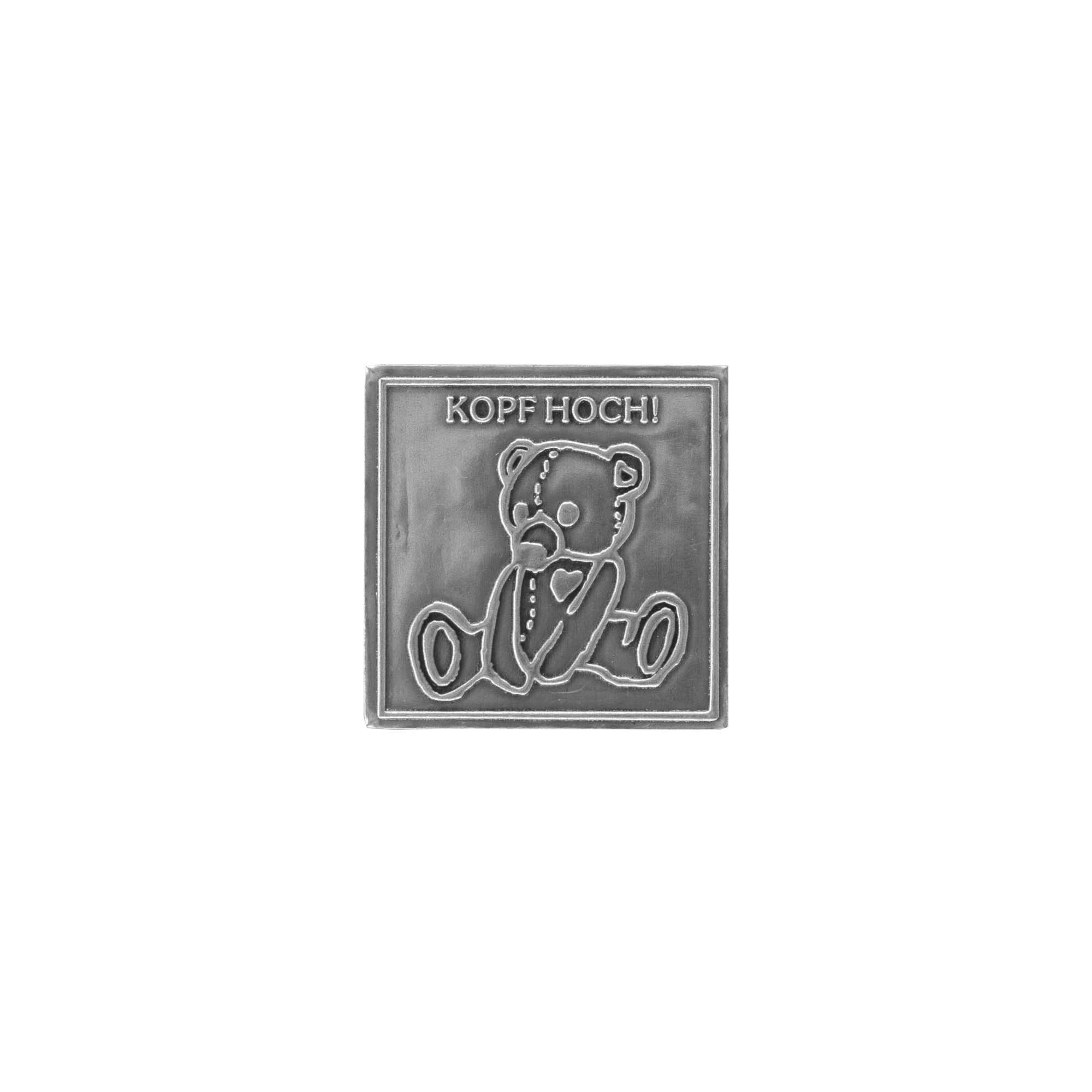Tin label ‘Chin Up’, square, metal, silver
