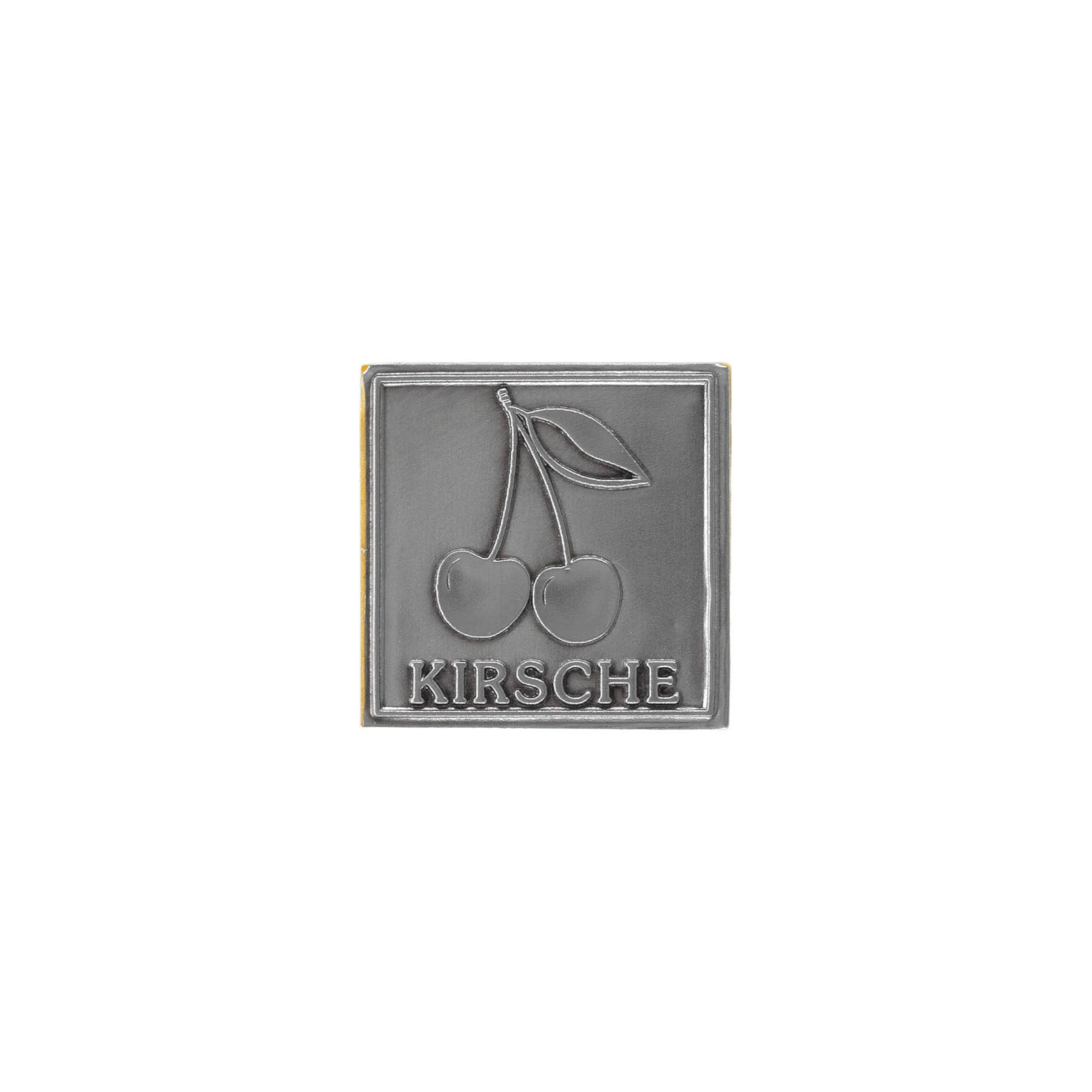 Tin label ‘Cherry’, square, metal, silver
