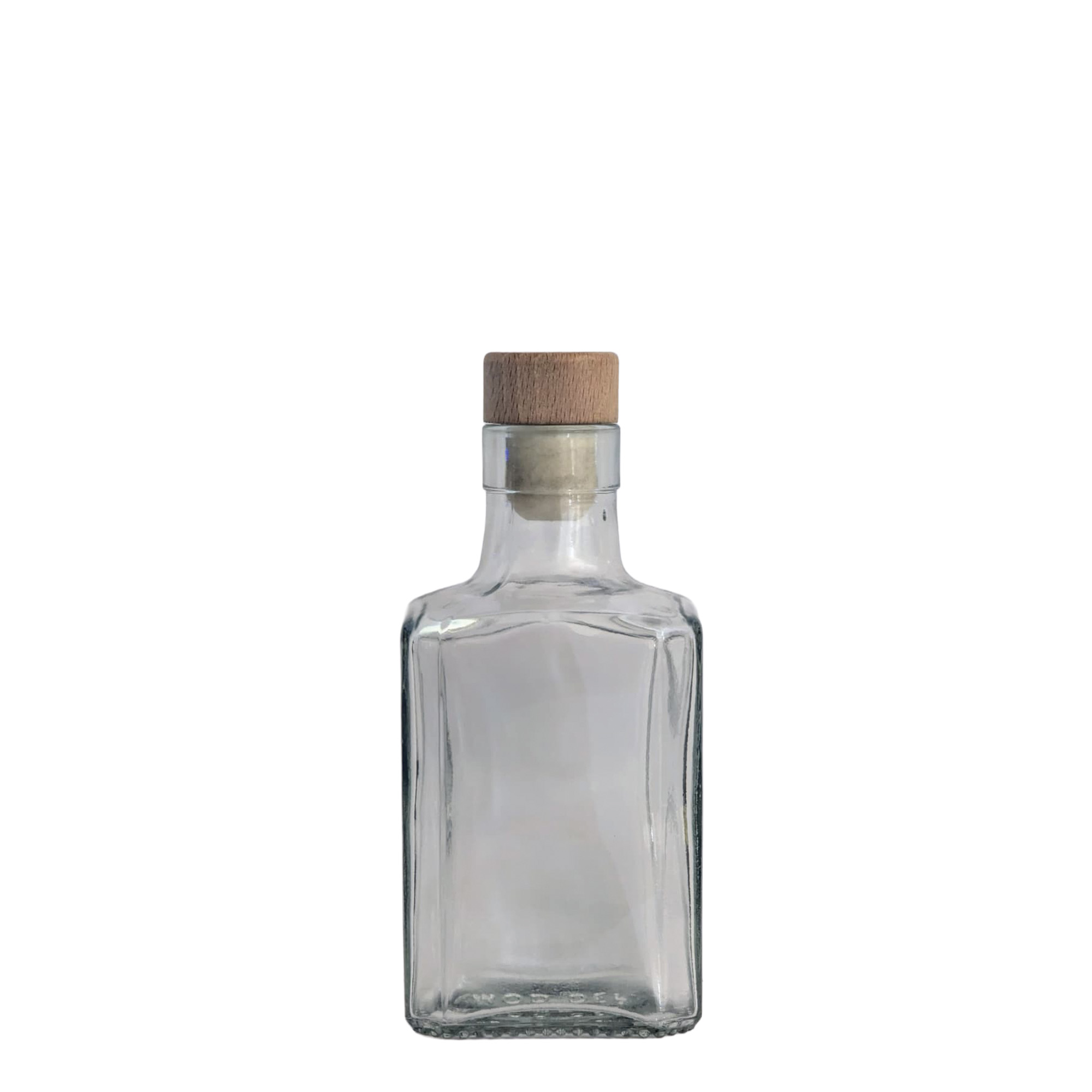  250 ml glass bottle "Decanter Quadro with upper rim", square, finish: cork