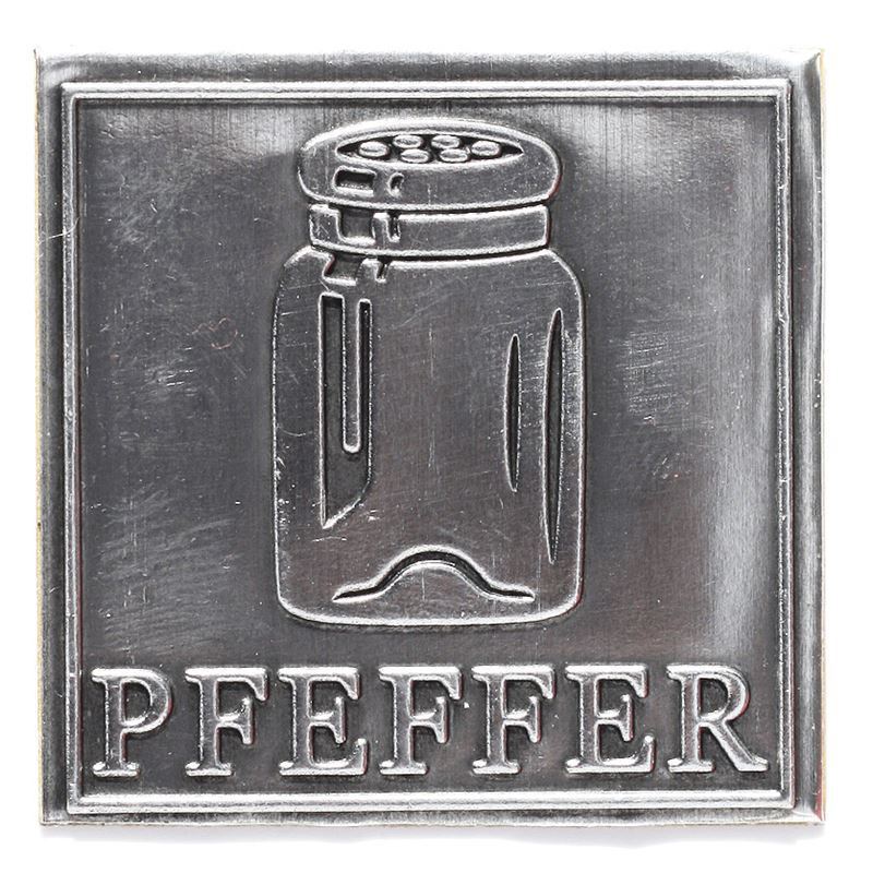 Tin label 'Pepper', square, metal, silver Tin label 'Pepper', square, metal, silver