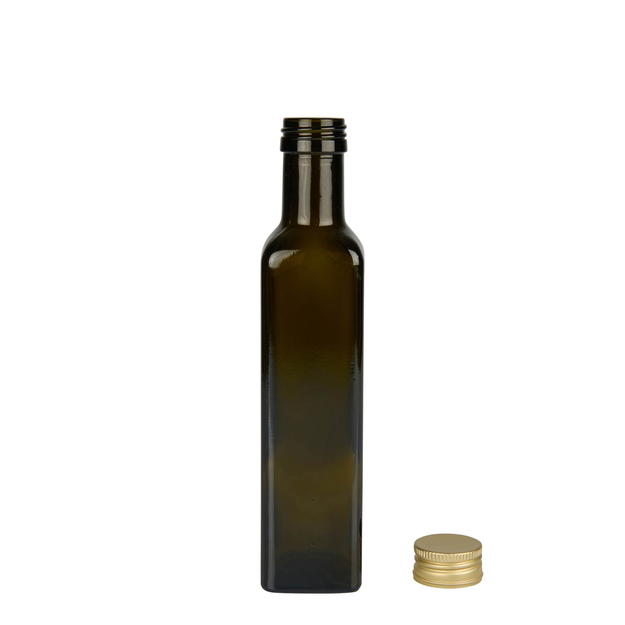 250 ml glass bottle 'Marasca', square, antique green, opening: PP 31.5