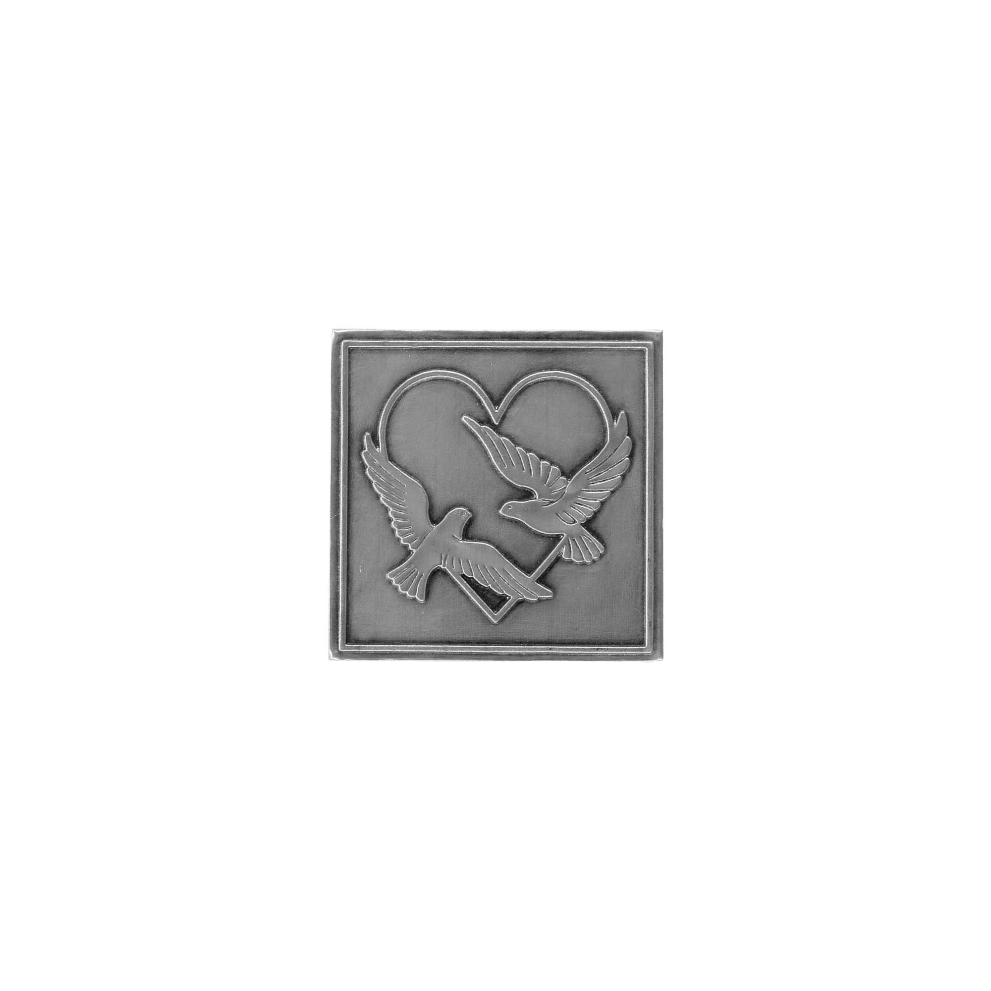 Tin label ‘Wedding doves’, square, metal, silver